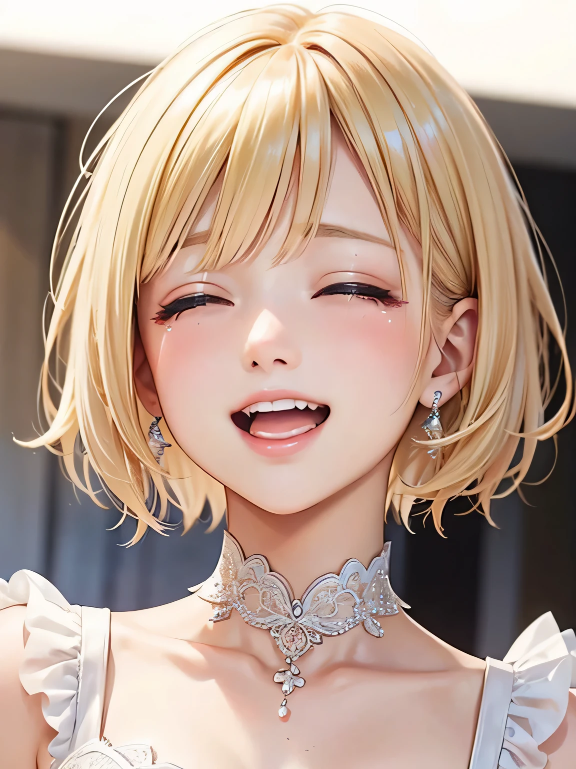 close up of face、smile、blonde、short hair、girl１、close ~ eye、Open your mouth and laugh out loud、tears、prom dress