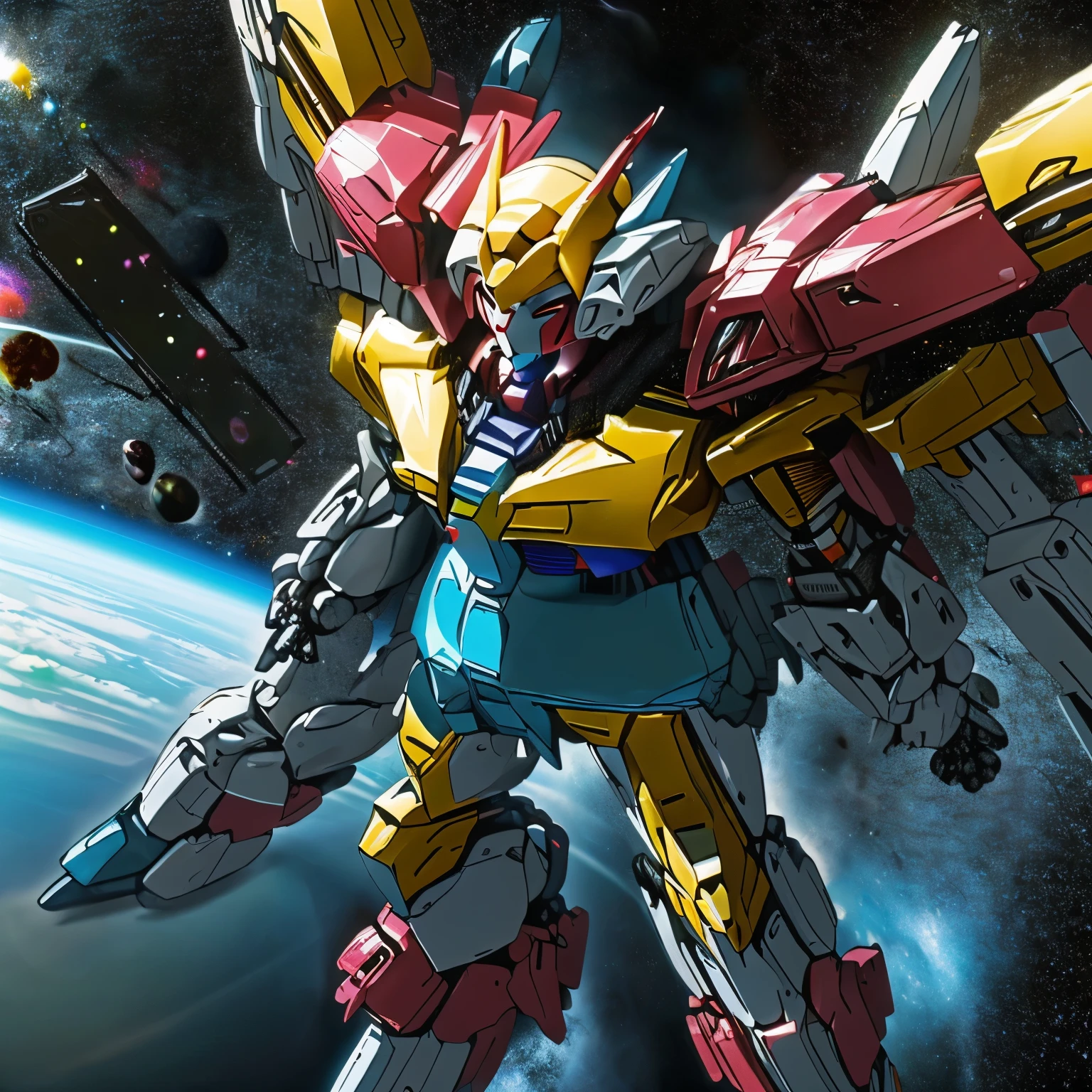 absurd solution, High resolution, (masterpiece: 1.4), hyper detail, ((floating gundam:1.5))、 (floating in space :1.6), looking at the blue planet (1.5)