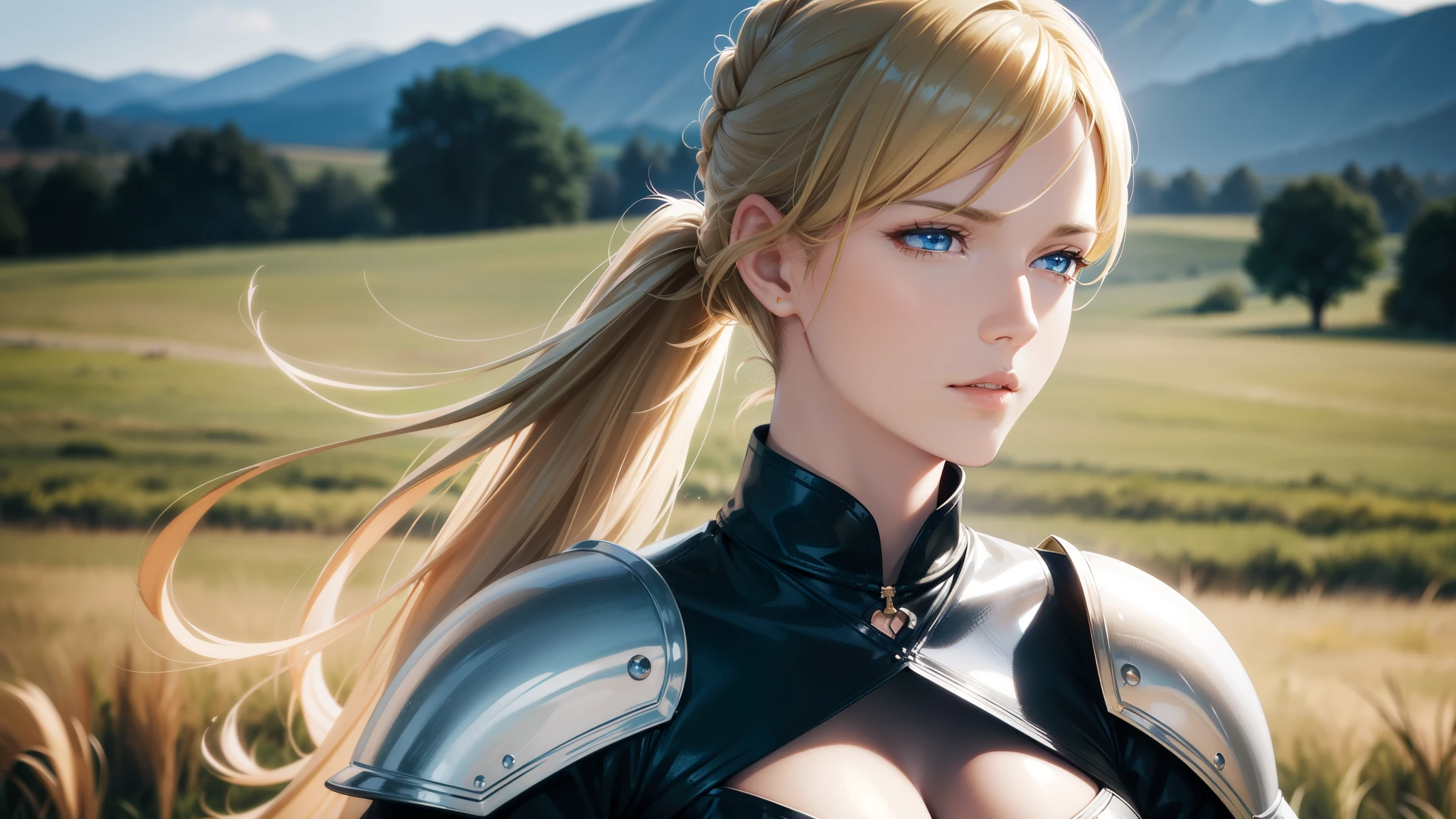 (best quality,highres), landscape of elegant female knight, an adult, upper-body, [[brown hair]], blonde hair, low pony tail, swept-side bangs, blue eyes, leather clothes, cleavage, show belly button, ponting sword, holding sword, grass field, soft light, ultra detailed eyes.
