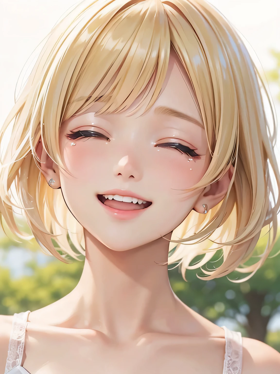 close up of face、smile、blonde、short hair、girl1、close ~ eye、Open your mouth and laugh out loud、tears、prom dress