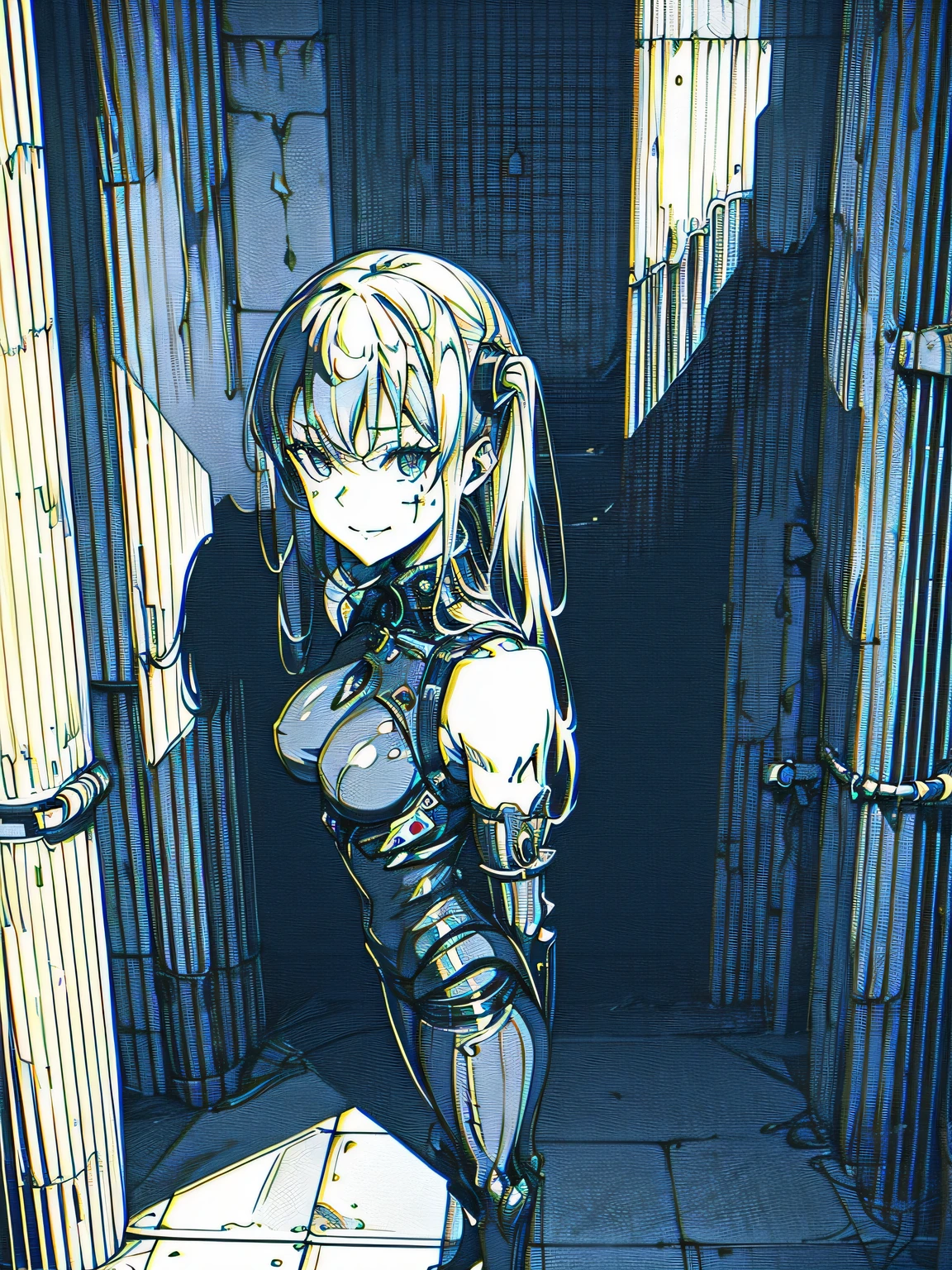 by xenotrip, monochrome, greyscale, blood, fantasy, medieval, chromatic aberration, indoors, detailed background, night, 1girl, beautiful, solo, smiling, bare shoulders, sexy pose, (full body:1.5),