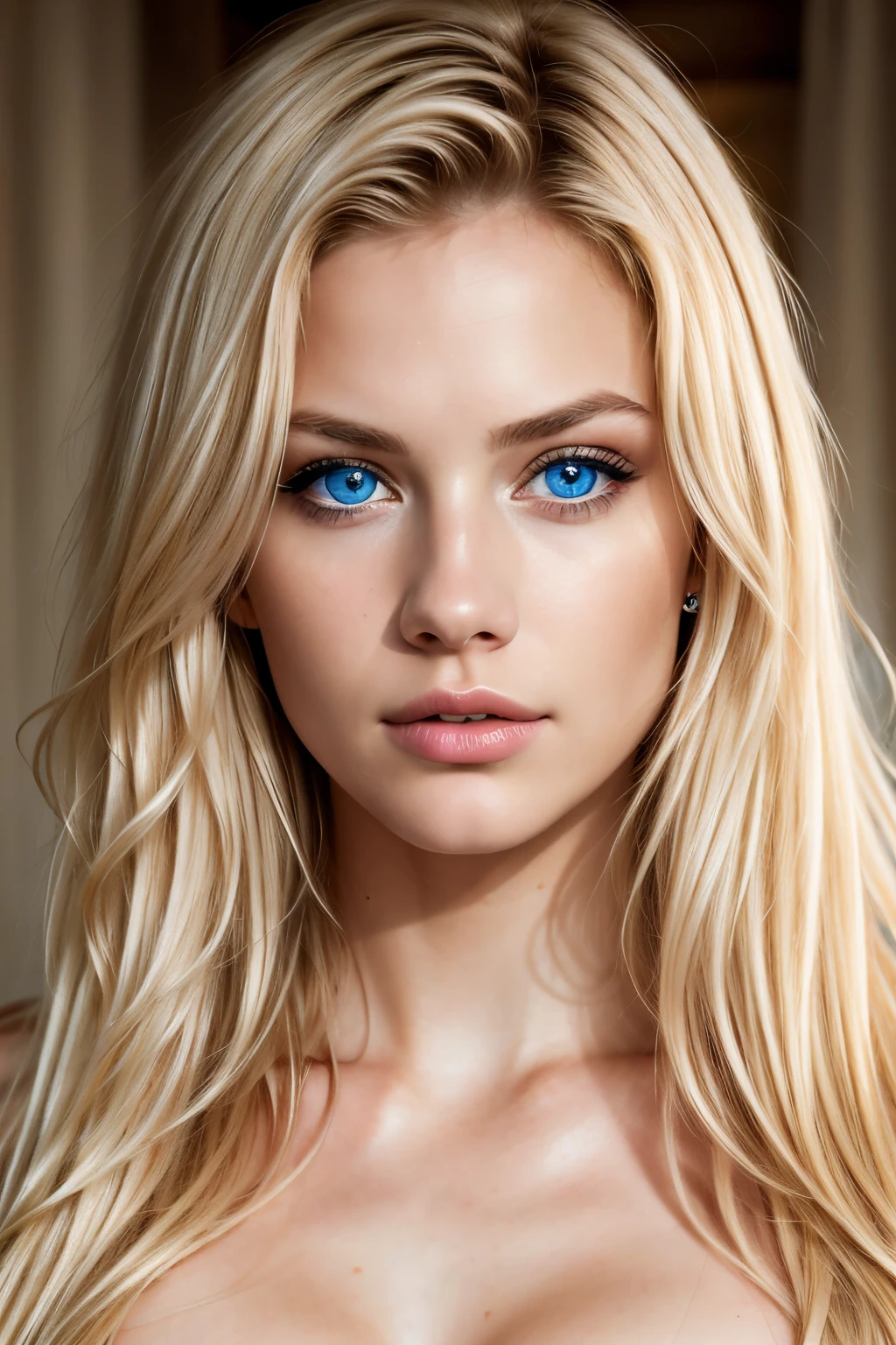 highest quality, masterpiece, 8K, photorealistic, (Editorial photo of blonde 21-year-old woman), (highly detailed face), (blue eyes), slight smile, Upper body, rich colors, surreal, realistic texture, dramatic lighting