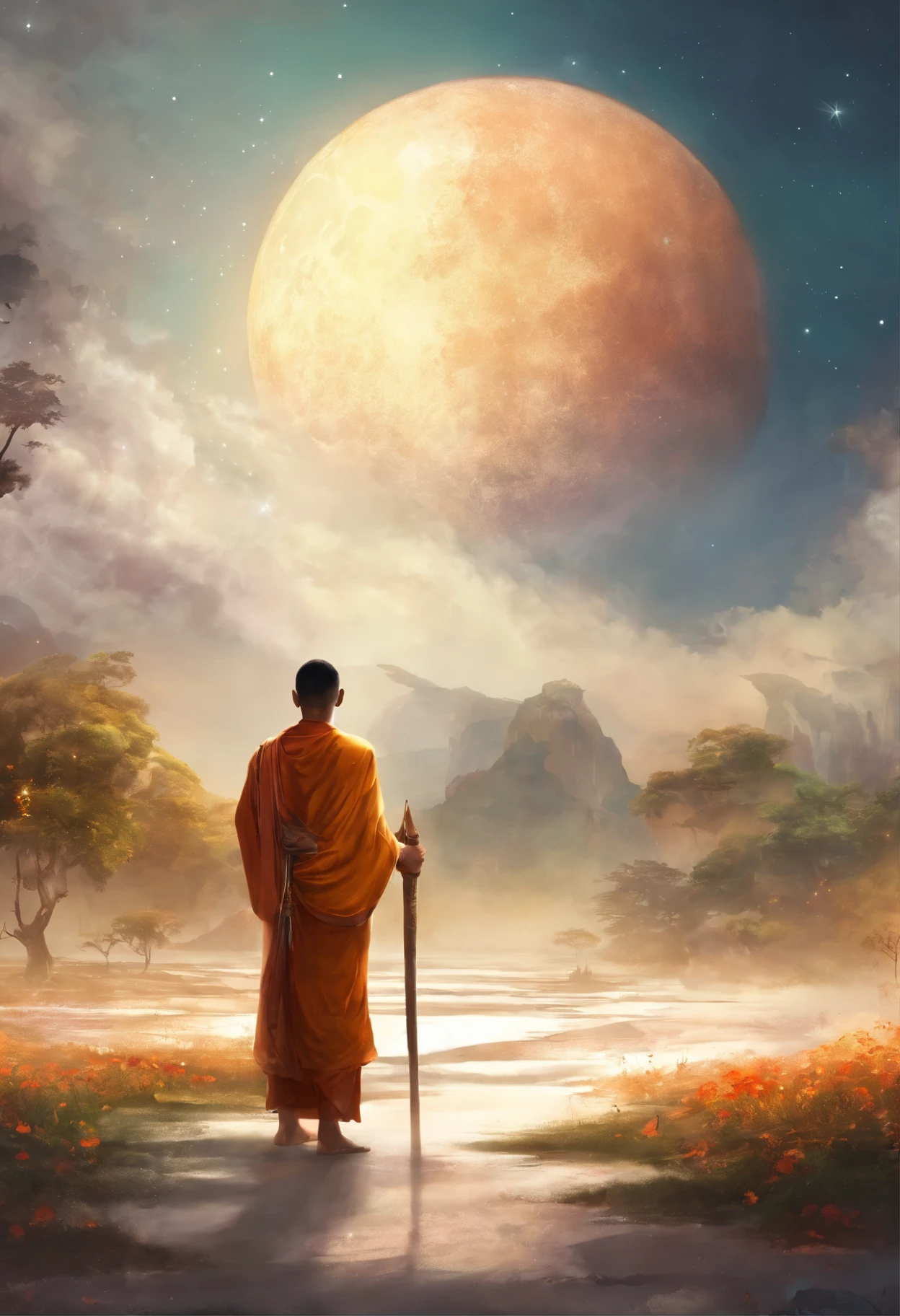 Thailand monk art standing on white carpet The sky has a big moon The atmosphere of the picture is beautiful like heaven.