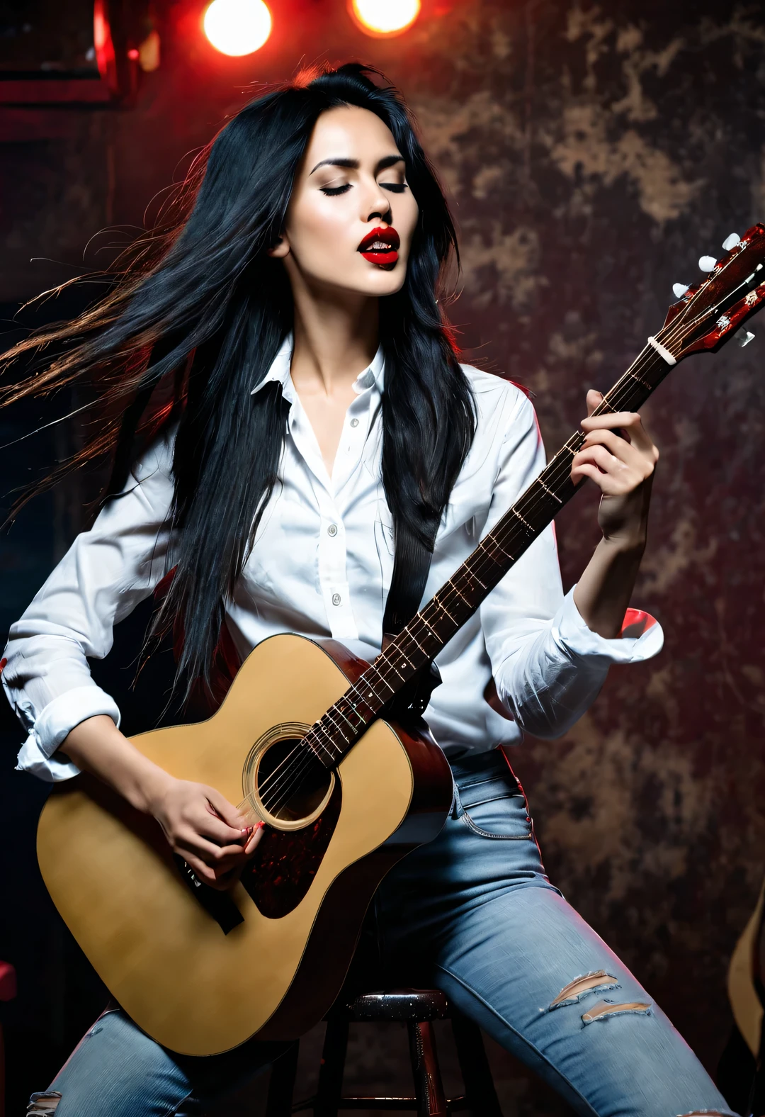 A beautiful girl plays the guitar crazily,Messy extra long black hair,White shirt,jeans,red lips,sit on a high stool,fender guitar,Dynamic Guitar Playing Actions,(There is a stick of incense between the strings:0.65),Background night bar