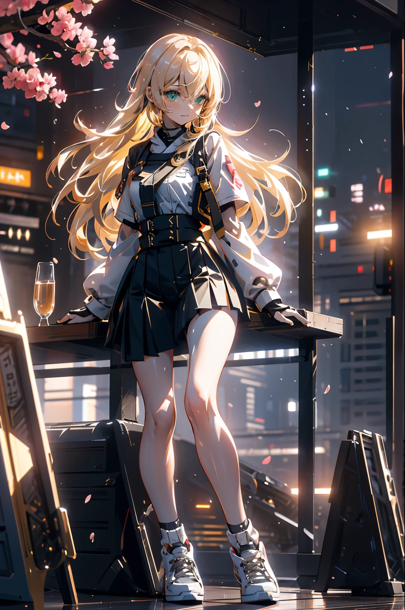 {{masterpiece, highest quality, Very detailed CG, unity 8k wallpaper, cinematic lighting, Lens flare}}, midjourney anime style.Girl sitting on a chair in a cafe early in the morning, disproportionate breasts、long blonde hair, green eyes, (Outerwear and skirt)(android girl、hands and feet are machines)(high cut sneakers)(Very realistic mechanical texture)outside view、Cafe with a view of cherry blossom trees(A sunny morning that feels like spring, the sunrise:1.2)