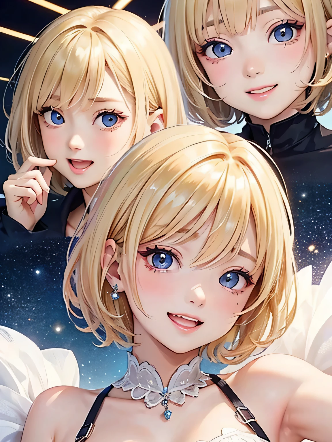 close up of face、smile、blonde、short hair、girl1、Open your mouth and laugh out loud、tears、reach out your hand、prom dress