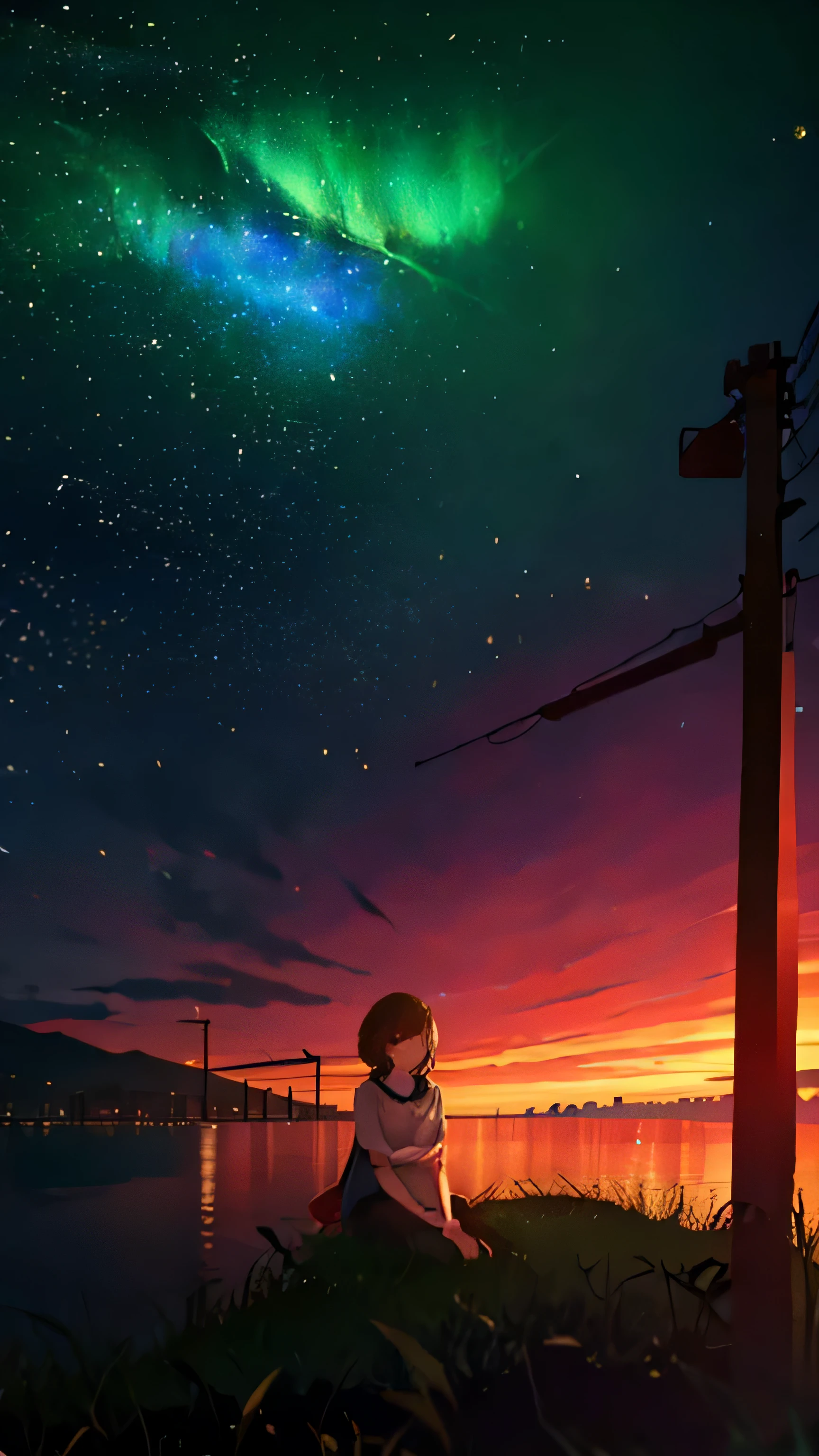 {Masterpiece}, {Top quality}, 1girl, sit, night city, moon, lake, stars