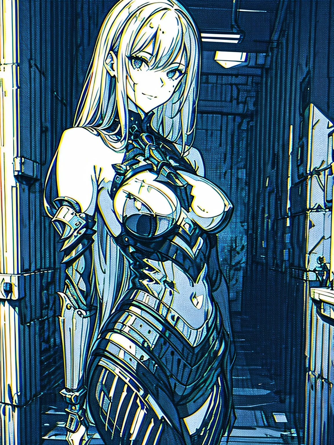 by xenotrip, monochrome, greyscale, blood, fantasy, medieval, chromatic aberration, indoors, detailed background, night, 1girl, beautiful, solo, smiling, bare shoulders, sexy pose,