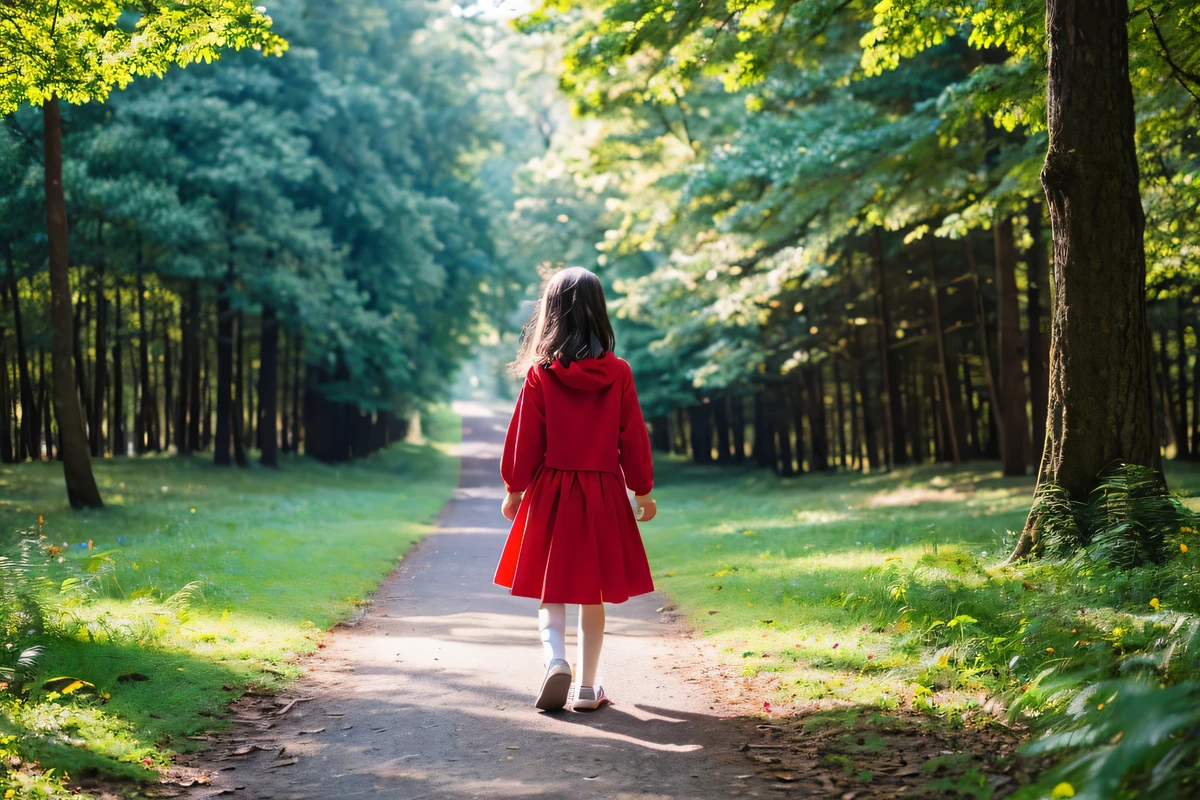 9 year old girl wearing red clothes。Start walking alone in the direction where you can see the rainbow.。in the forest