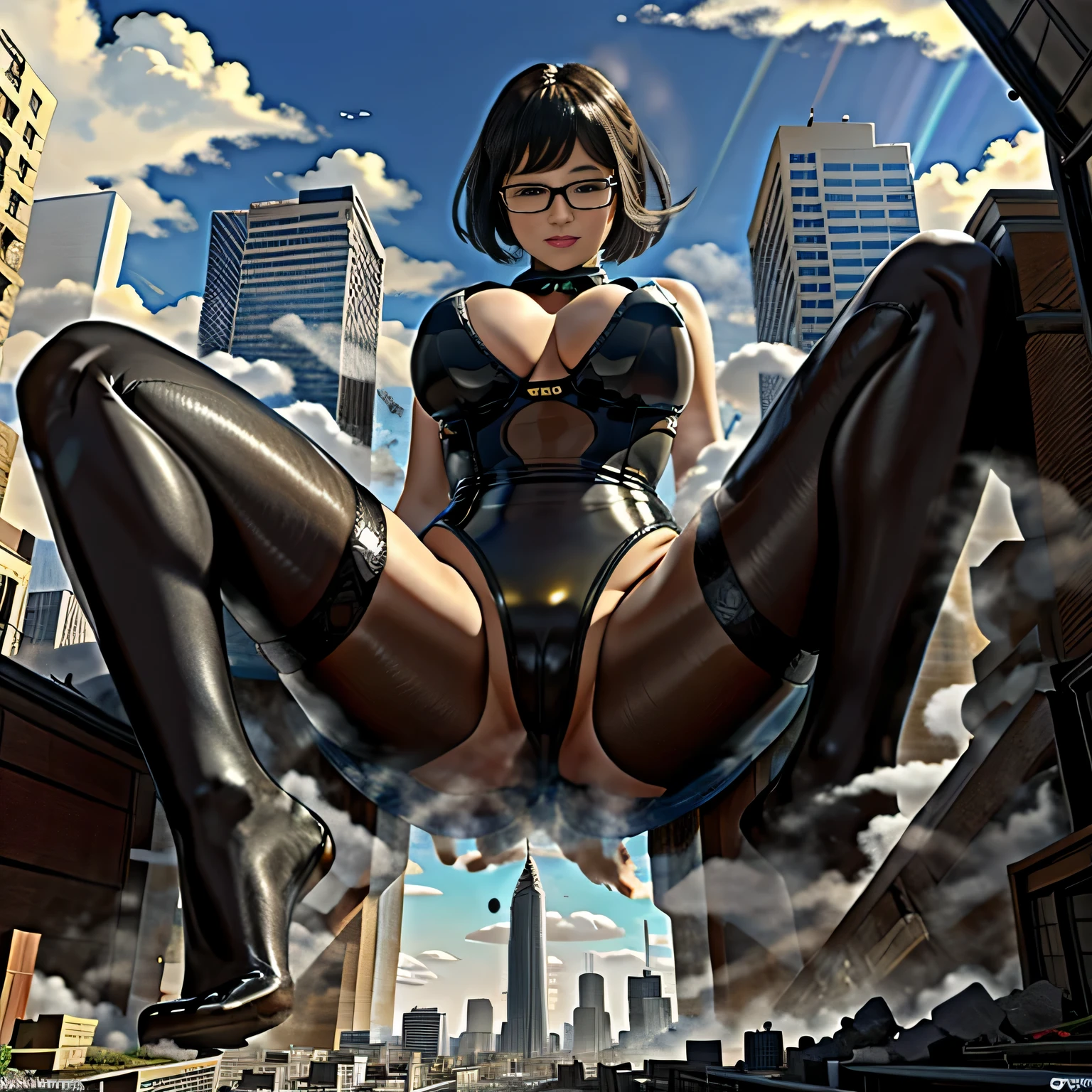 multiple girls, Giantの芸術, 非常に詳細なGiantショット, Giant, short hair, A huge beautiful girl that is much bigger than a skyscraper, wearing rimless glasses, big breasts, big ass, In underwear, black pantyhose, pantyhose barefoot, Steam comes out from the soles of the feet, very small metropolis, miniature metropolis, crush the big city, full body description, ＧＴＳ, ギガGiant, stomping city, crash city, small town, micro city, High resolution, highest quality, masterpiece, Transparent Body Stockings, 