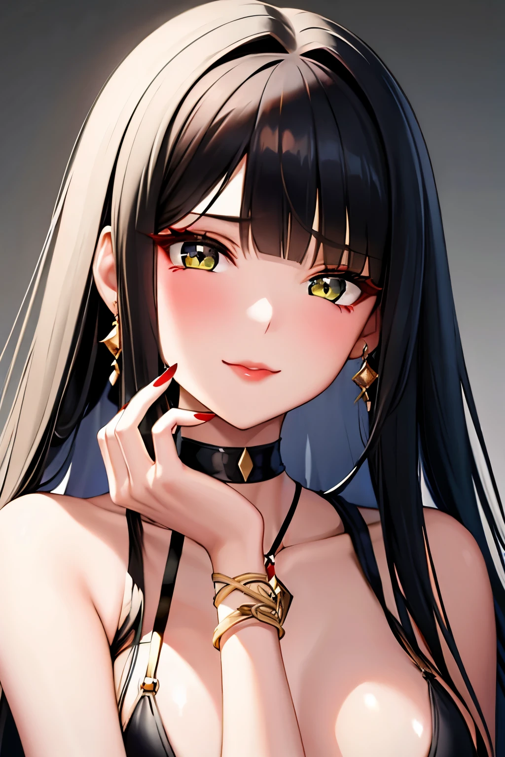 1 girl, alone, long hair, looking at the viewer, smile, green eyes, hair ornaments, white background, jewelry, black hair, closed mouth, dull bangs, nail polish, bracelet, lips, gray eyes, portrait, red nails, close, red lips, put your hand on your face, woman putting her hand on her cheek),(shiny skin),((steaming body))