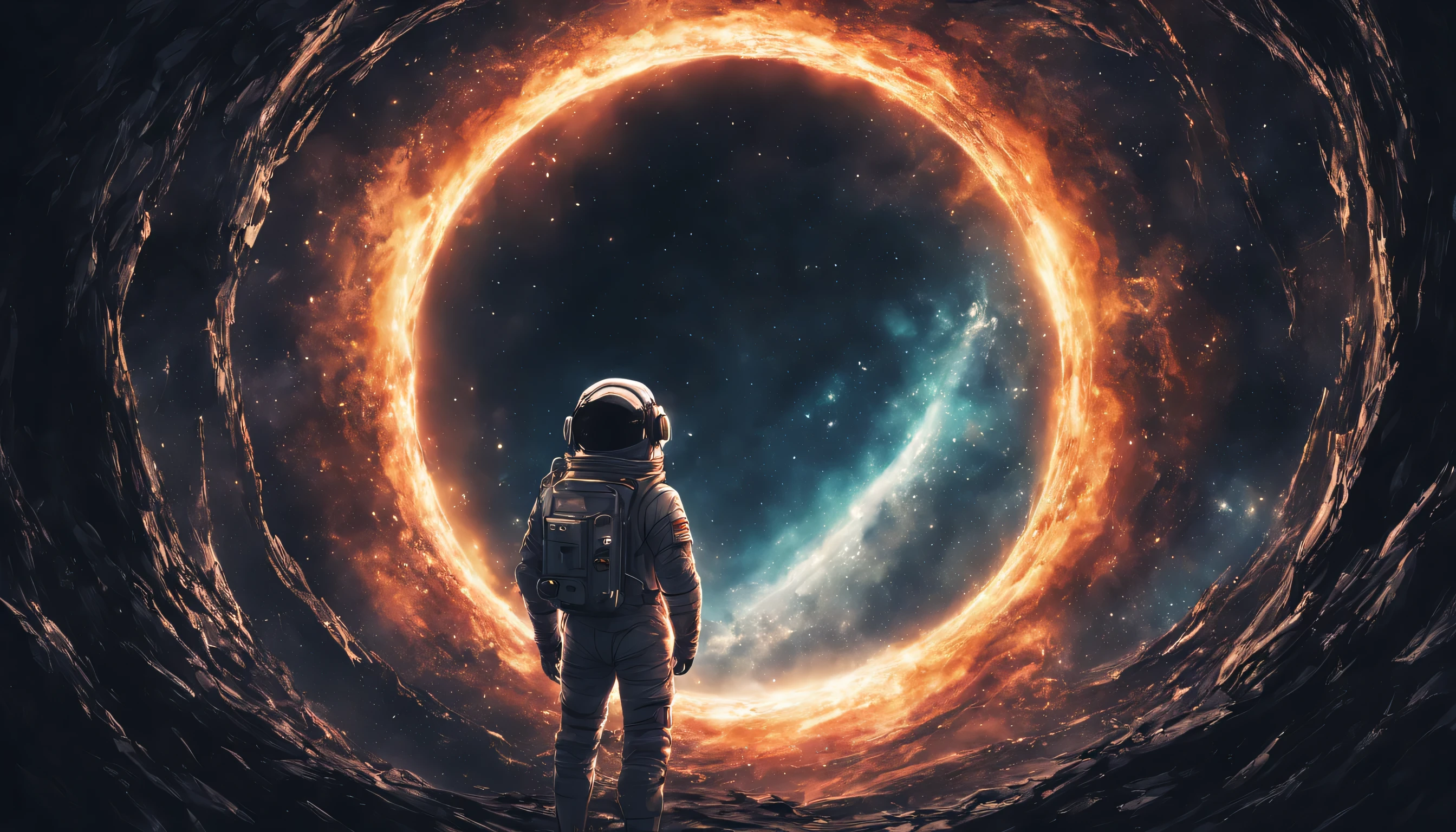 Anime Illustrations, astronaut looking at a black hole, anime style, key visual, Bright, anime studio, very detailed, mysterious image, magic,fantasy, space, dark,