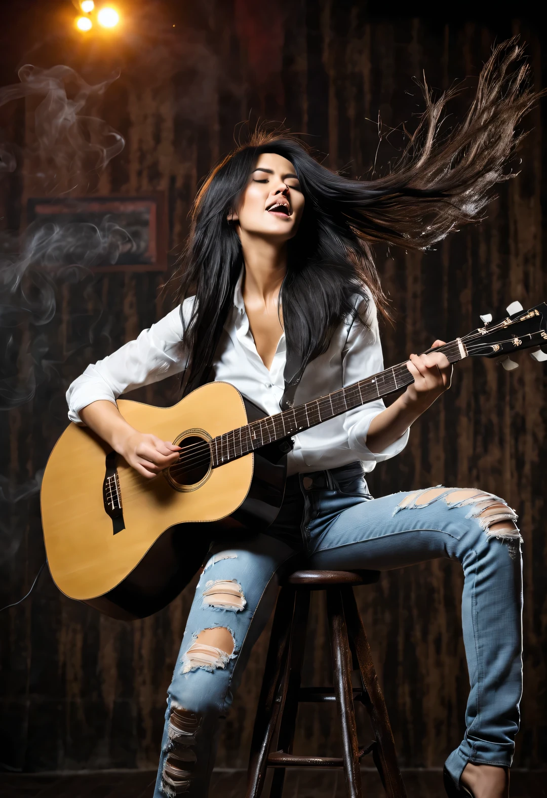 A beautiful girl plays the guitar crazily,Messy extra long black hair,Sing in a low voice,White shirt,jeans,beautiful high heels,sit on a high stool,fender guitar,Dynamic Guitar Playing Actions,(There is a stick of incense between the strings:0.65),Background night bar