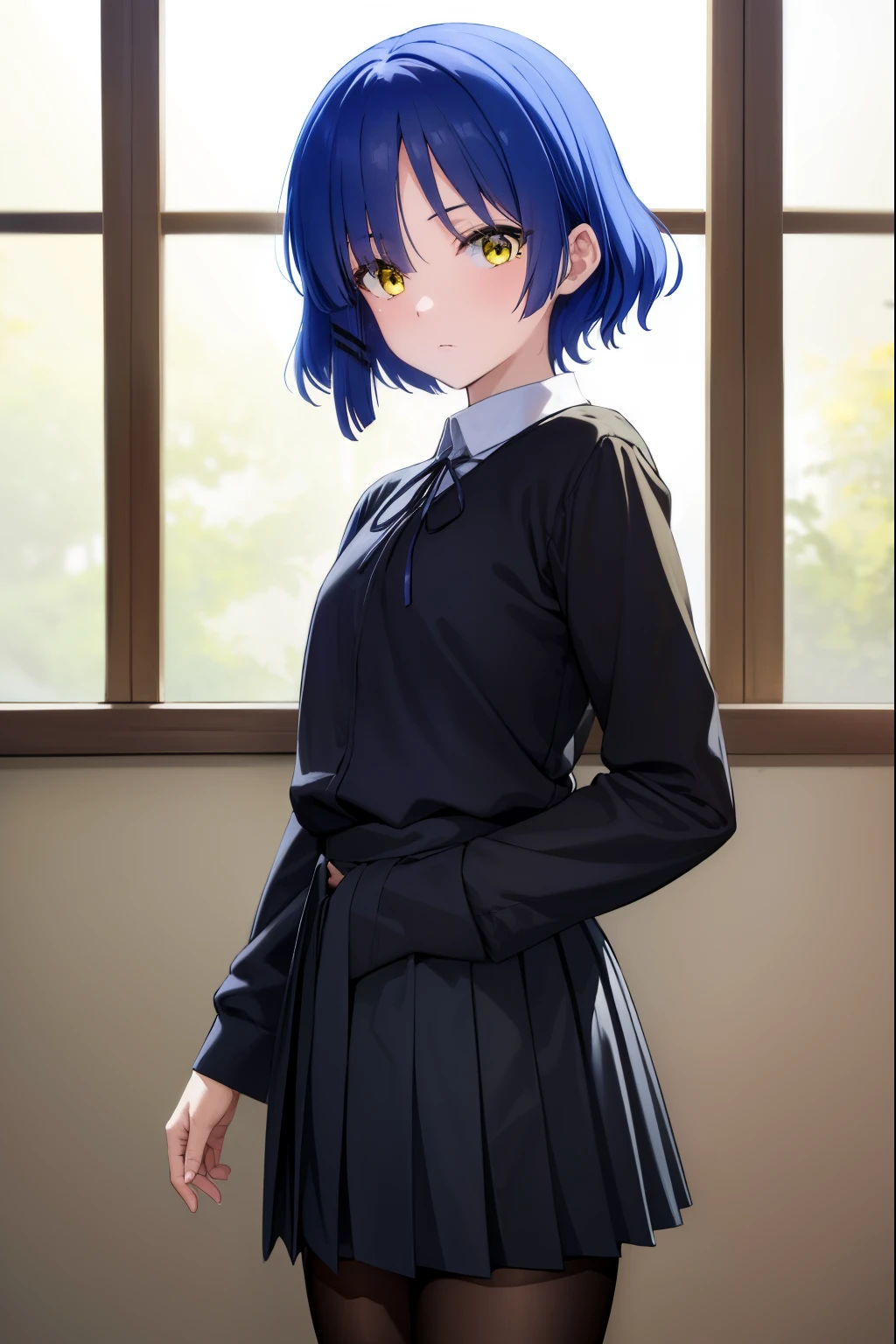 ryouyamada, ryou yamada, blue hair, eyes visible through hair, mole, mole under eye, short hair, (yellow eyes:1.5), hairclips,
BREAK black pantyhose, black ribbon, blue skirt, brown footwear, loafers, long sleeves, pantyhose, ribbon, school uniform, shimokitazawa high school uniform, shirt, shoes, skirt, white shirt,,
BREAK indoors, classroom,
BREAK looking at viewer, (cowboy shot:1.5),
BREAK (masterpiece:1.2), best quality, high resolution, unity 8k wallpaper, (illustration:0.8), (beautiful detailed eyes:1.6), extremely detailed face, perfect lighting, extremely detailed CG, (perfect hands, perfect anatomy),