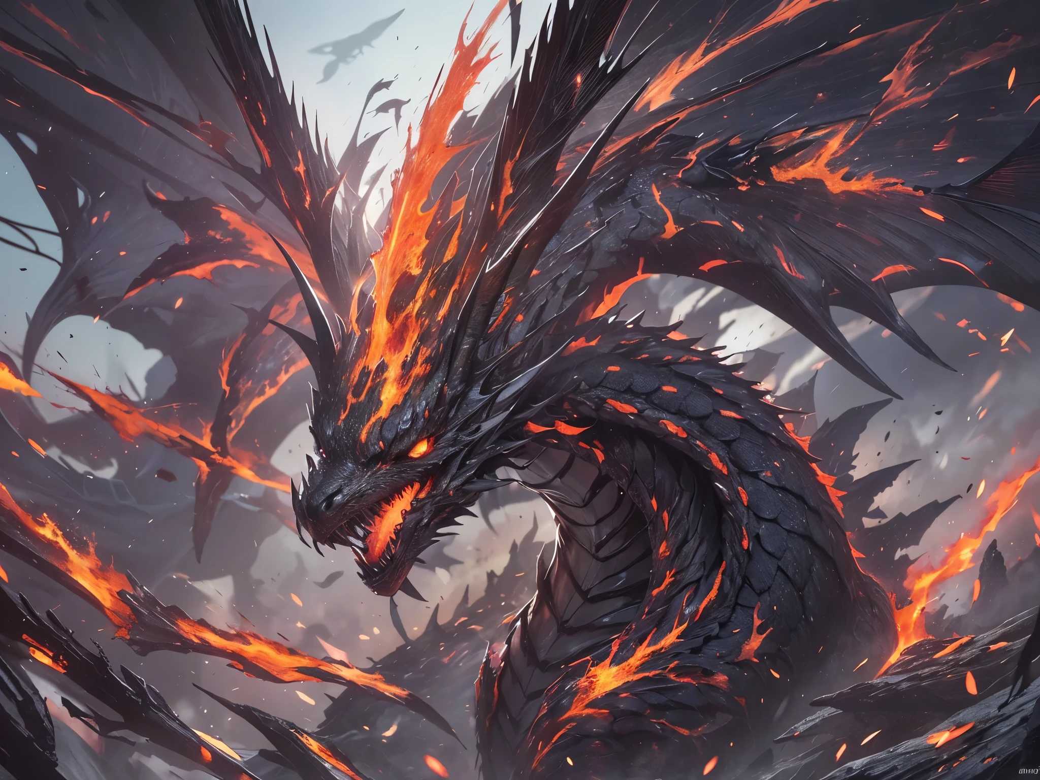 ((highest quality)),(ultra high resolution),(Super detailed),(detailed description),((best CG)),(best work of art),super precision art,amazing drawing art,(Art with precise details:1.5), The dragon&#39;s skin is covered with glittering black scales, and its back has large, sharp spines that shoot out lightning.。The powerful flapping of its wings easily knocks down vulnerable things.。　Countless lightning bolts cut through the dark clouds、Lava flowing from a volcano engulfs a forest