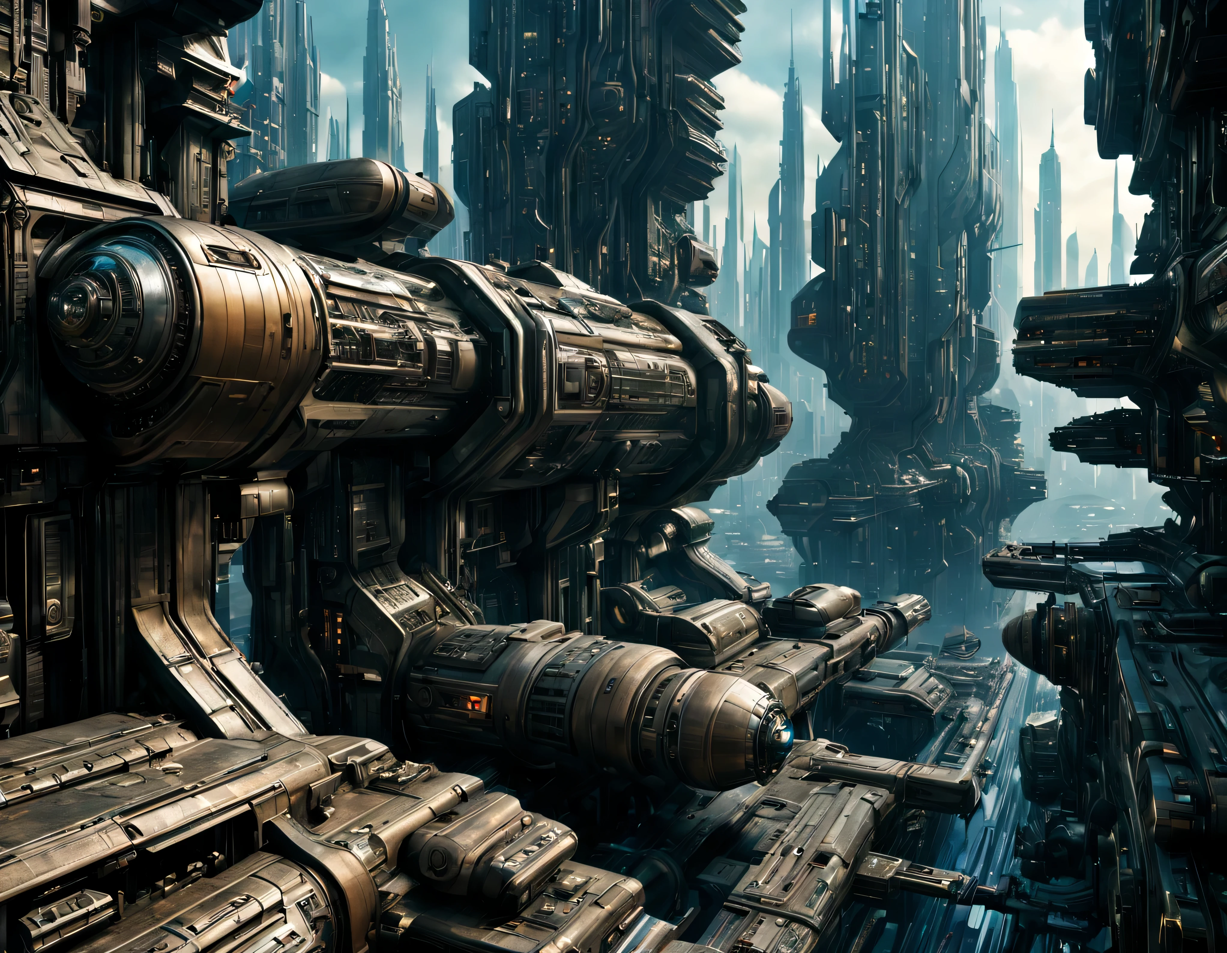On an unknown planet there is a futuristic fantasy city en una megalopolis similar to the one in the movie Tomorrowland., cyberpunk, century XXV technology, with huge buildings of super technological design, puentes entre edificios, que forman una infinita avenida con estructuras acristaladas y de metal, donde predomina el bronce, con Colores vivos, pavimento ensolado sin brillo, poca gente paseando, similar a Coruscant, imagen bien definida 8k, (intrincados detalles de la maquina), con muchos edificios juntos.(obra maestra de superior calidad).(imagen fotorrealista), nitidez absoluta hasta el fondo. fondo detallado.