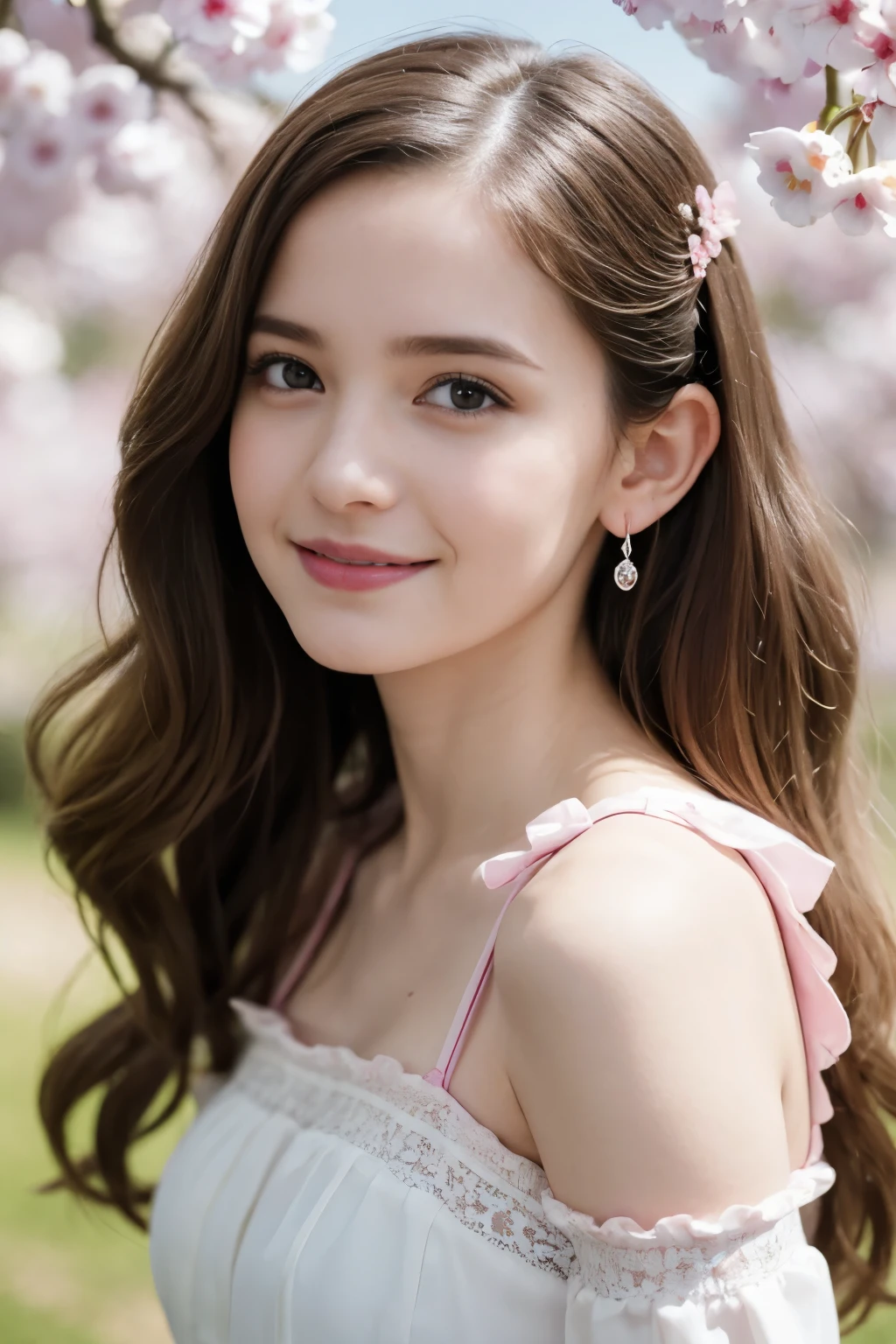 Masterpiece, Best quality, 8k, 18 ans, Photo brute, absurdes, Award-winning portrait, sourire, sourire, pure, french, simple vibrant pink dress, spring, orchard in bloom, laces, famous singer, cute, cherry lips, earrings, long hair, in love, Olivia Kate Cooke