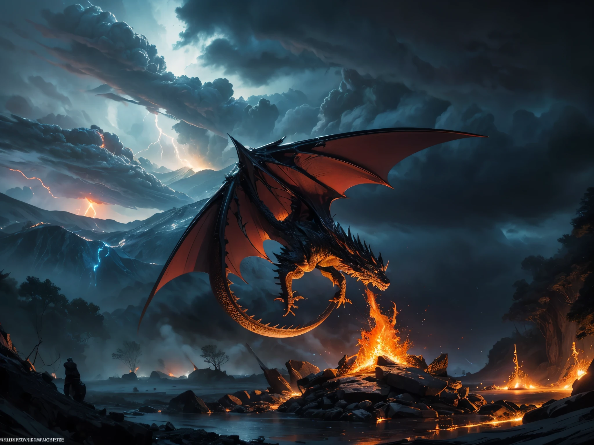 ((highest quality)),(ultra high resolution),(Super detailed),(detailed description),((best CG)),(best work of art),super precision art,amazing drawing art,(Art with precise details:1.5), The dragon's skin is covered with glittering black scales, and its back has large, sharp spines that shoot out lightning.。The powerful flapping of its wings easily knocks down vulnerable things.。 Countless lightning bolts cut through the dark clouds、Lava flowing from a volcano engulfs a forest