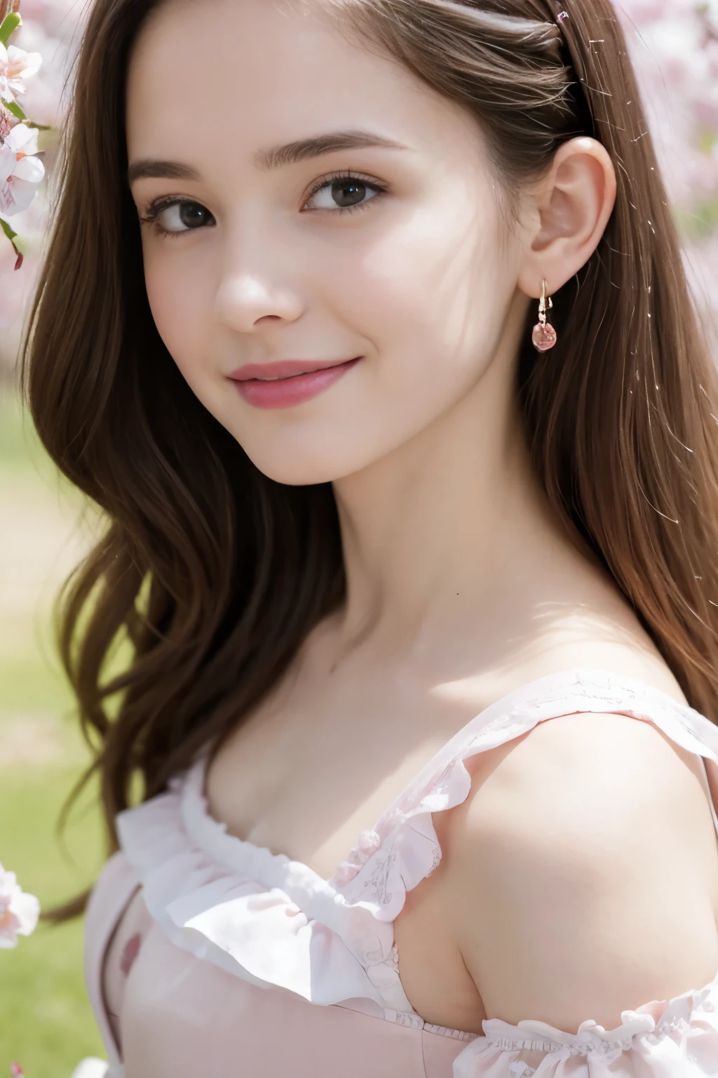 Masterpiece, Best quality, 8k, 18 ans, Photo brute, absurdes, Award-winning portrait, sourire, sourire, pure, french, simple vibrant pink dress, spring, orchard in bloom, laces, famous singer, cute, cherry lips, earrings, long hair, in love, Olivia Kate Cooke