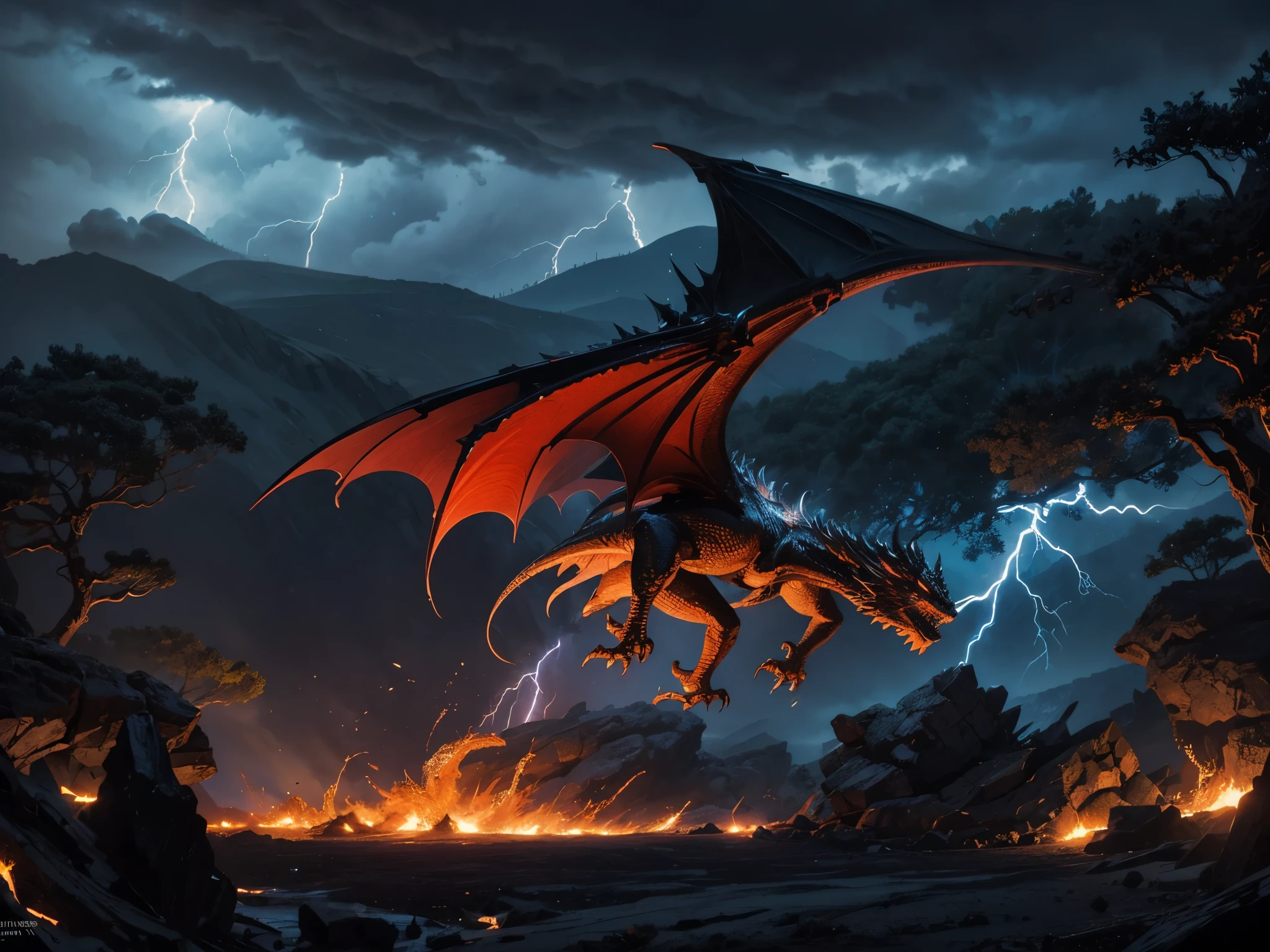 Dragon flying over a burning forest while shooting flames