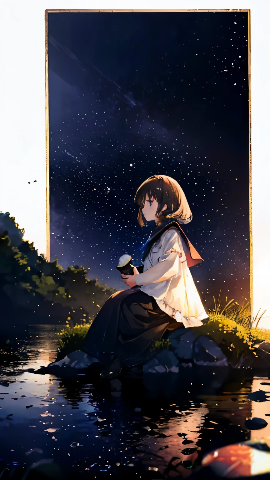 {Masterpiece}, {Top quality}, 1girl, sit, night, moon, lake, stars, movie light