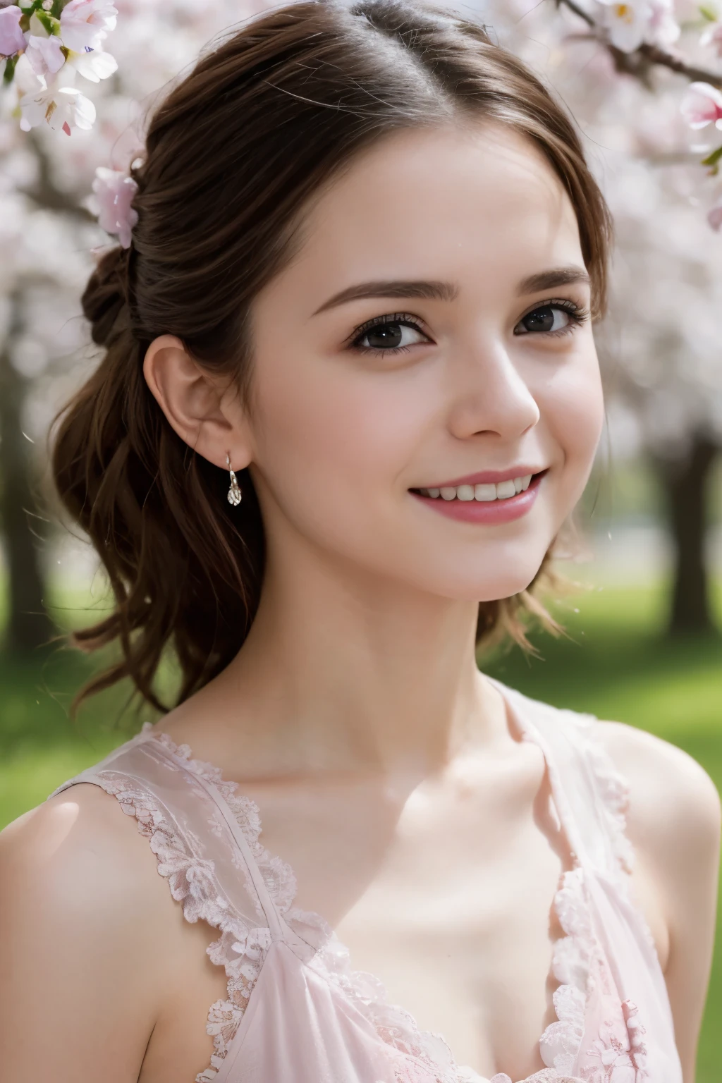 Masterpiece, Best quality, 8k, 18 ans, Photo brute, absurdes, Award-winning portrait, sourire, sourire, pure, french, elegant vibrant pink dress, spring, orchard in bloom, laces, famous singer, cute, sweet, cherry lips, cherry earrings , Nina Dobrev, Katie Holmes