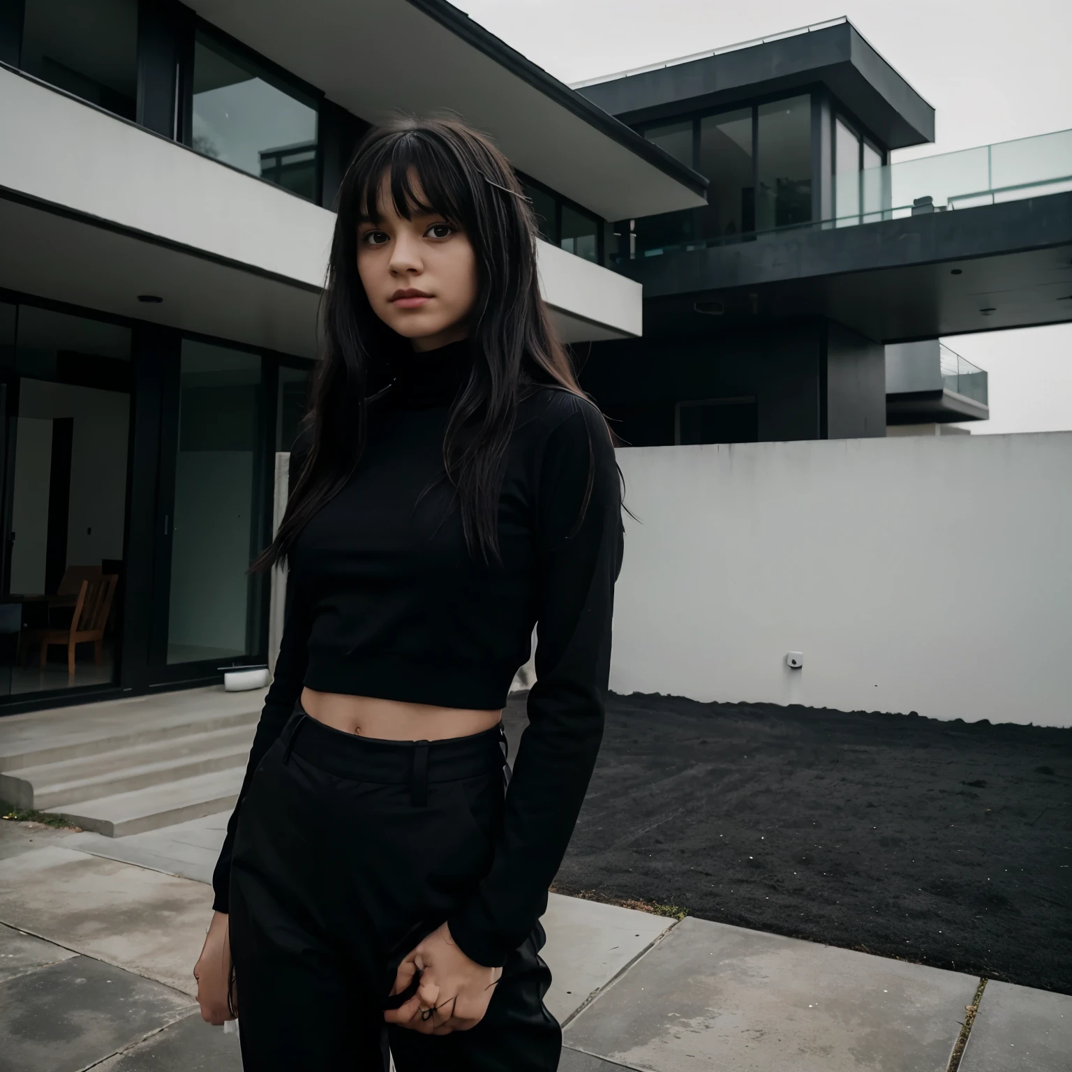 kid girl with Black long hair with bangs wearing a black turtleneck and black pants, a white modern mansion in the background on a day of dense fog