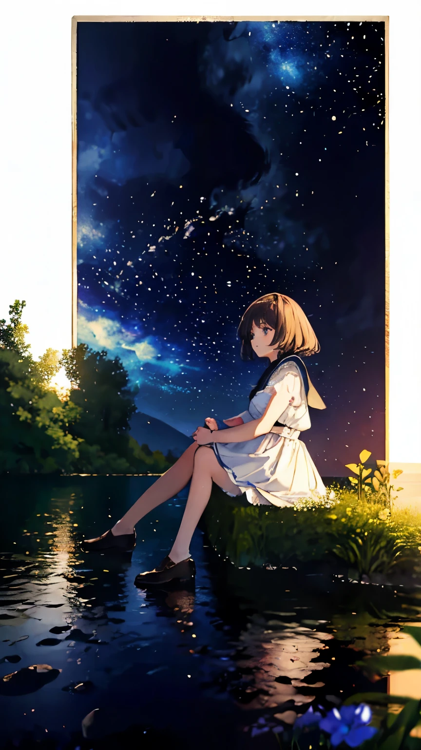 {Masterpiece}, {Top quality}, 1girl, sit, night, moon, lake, stars, movie light