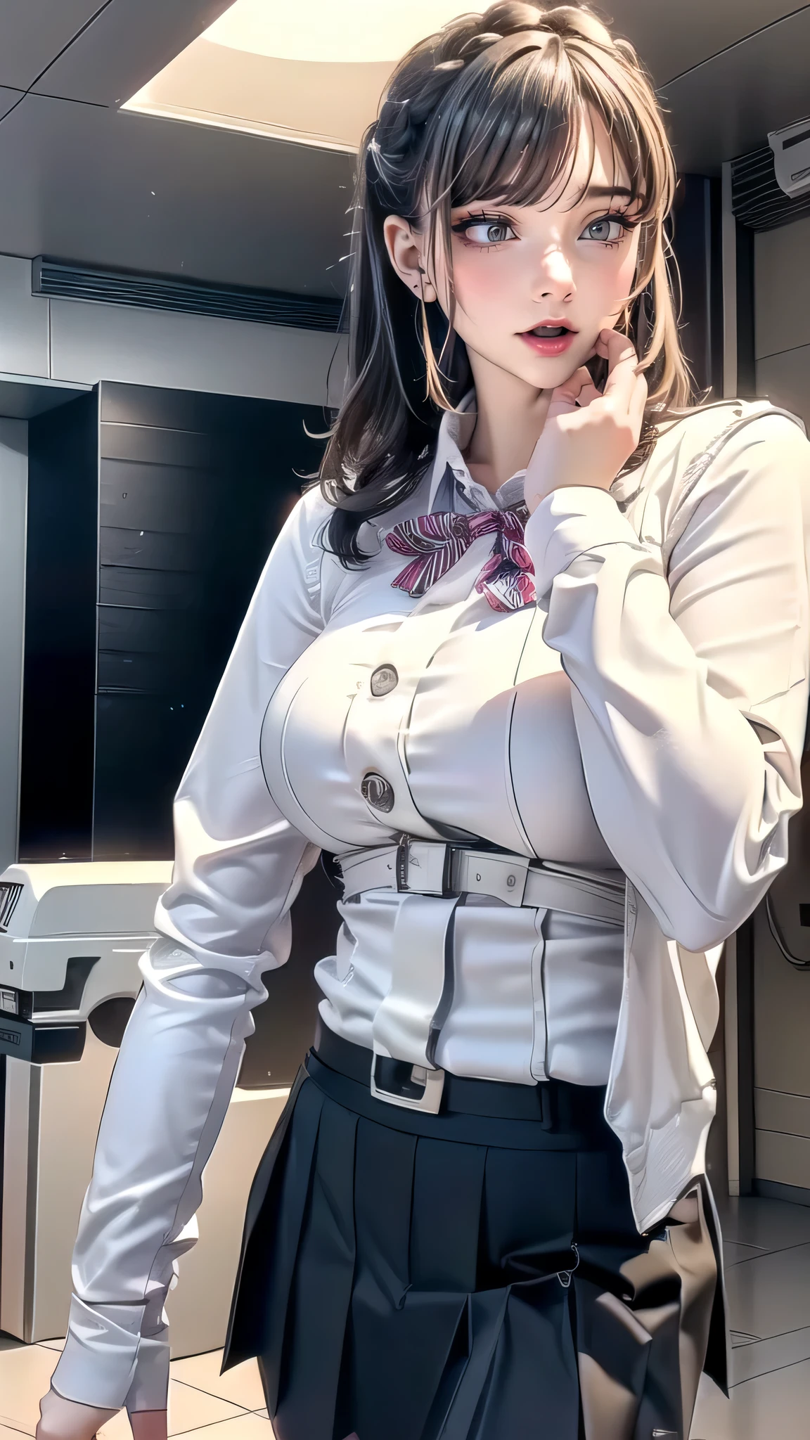 Mercy, embrace cute face, (overwatch), low view, under skirt, ( pussy seen), black unbuttoned shirt, small tit, realistic