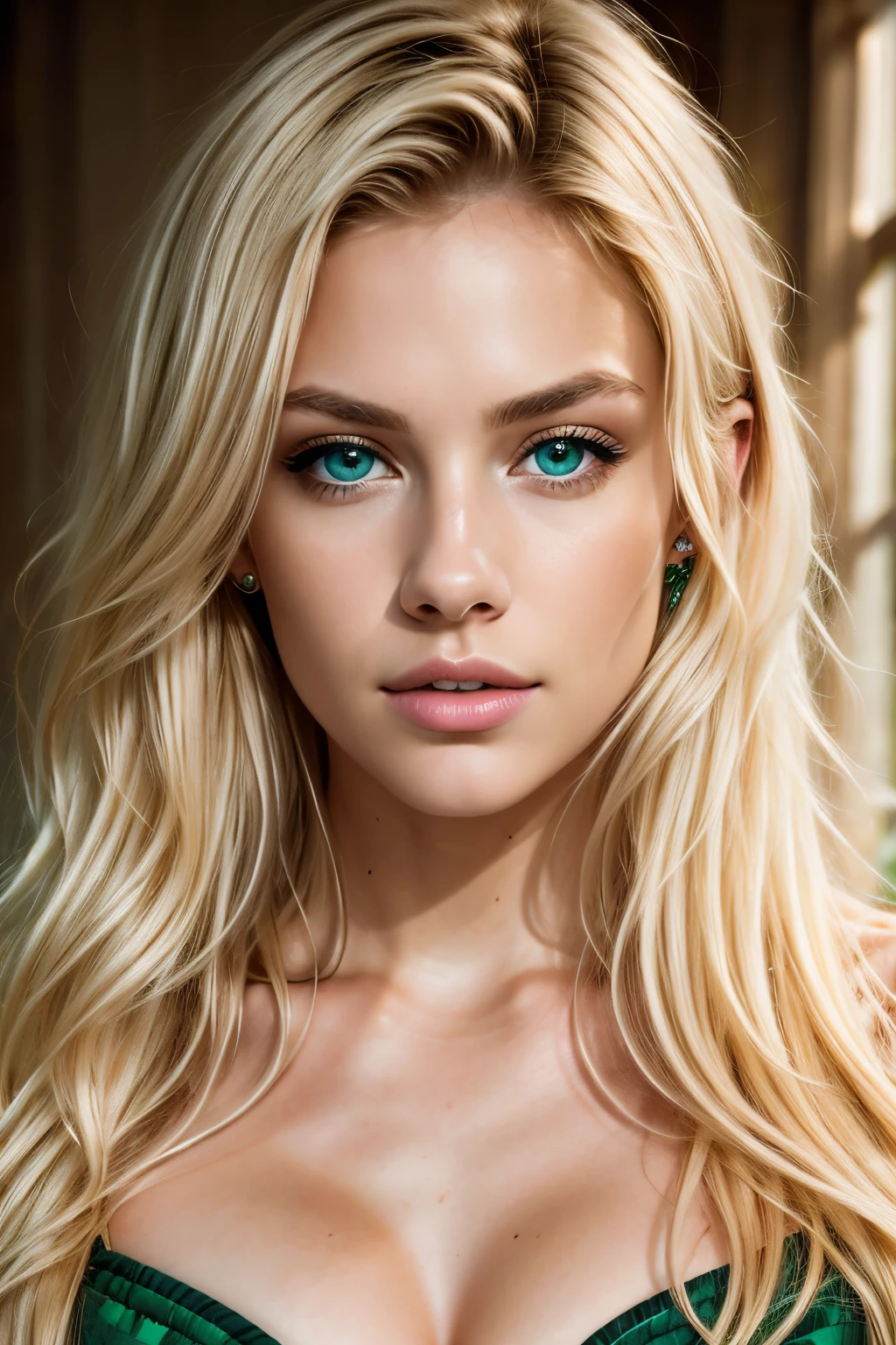 highest quality, masterpiece, 8K, photorealistic, (Editorial photo of blonde 21-year-old woman), (highly detailed face), (emerald green eyes), slight smile, Upper body, rich colors, surreal, realistic texture, dramatic lighting