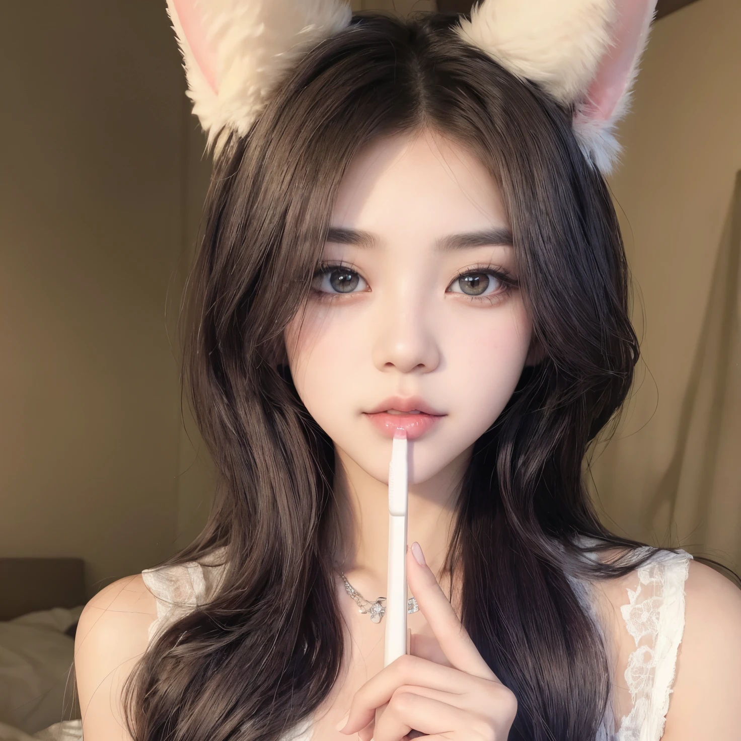 araffe girl with long hair and bunny ears holding a toothbrush, very beautiful cute catgirl, popular south korean makeup, popular korean makeup, attractive cat girl, ulzzang, girl with cat ears, wan adorable korean face, korean girl, beautiful south korean woman, beautiful young catgirl, gorgeous young korean woman, sakimichan, beautiful young korean woman