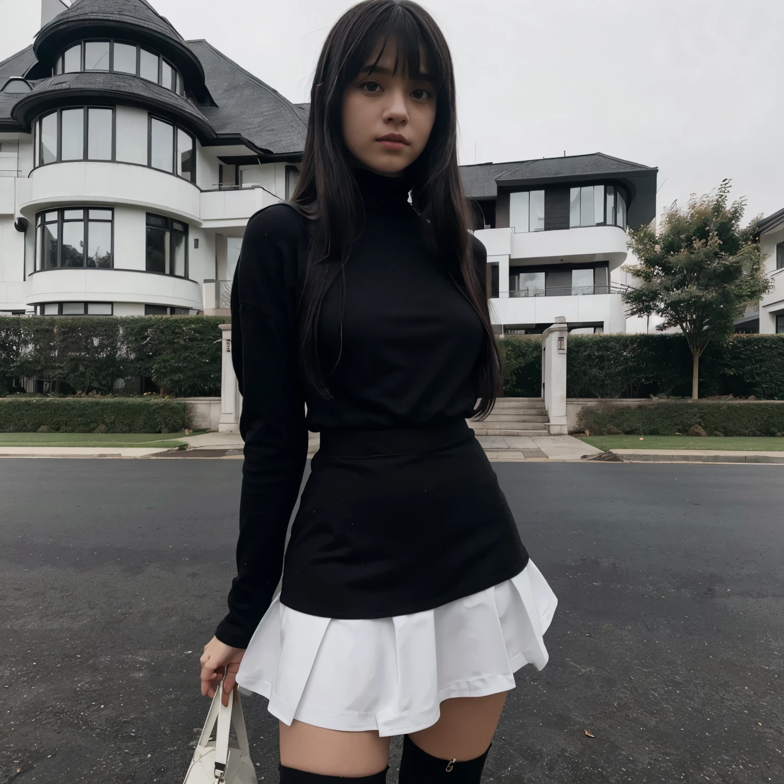 kid girl with Black long hair with bangs wearing a black turtleneck and white skirt and black pantyhosea white modern mansion in the background on a day of dense fog