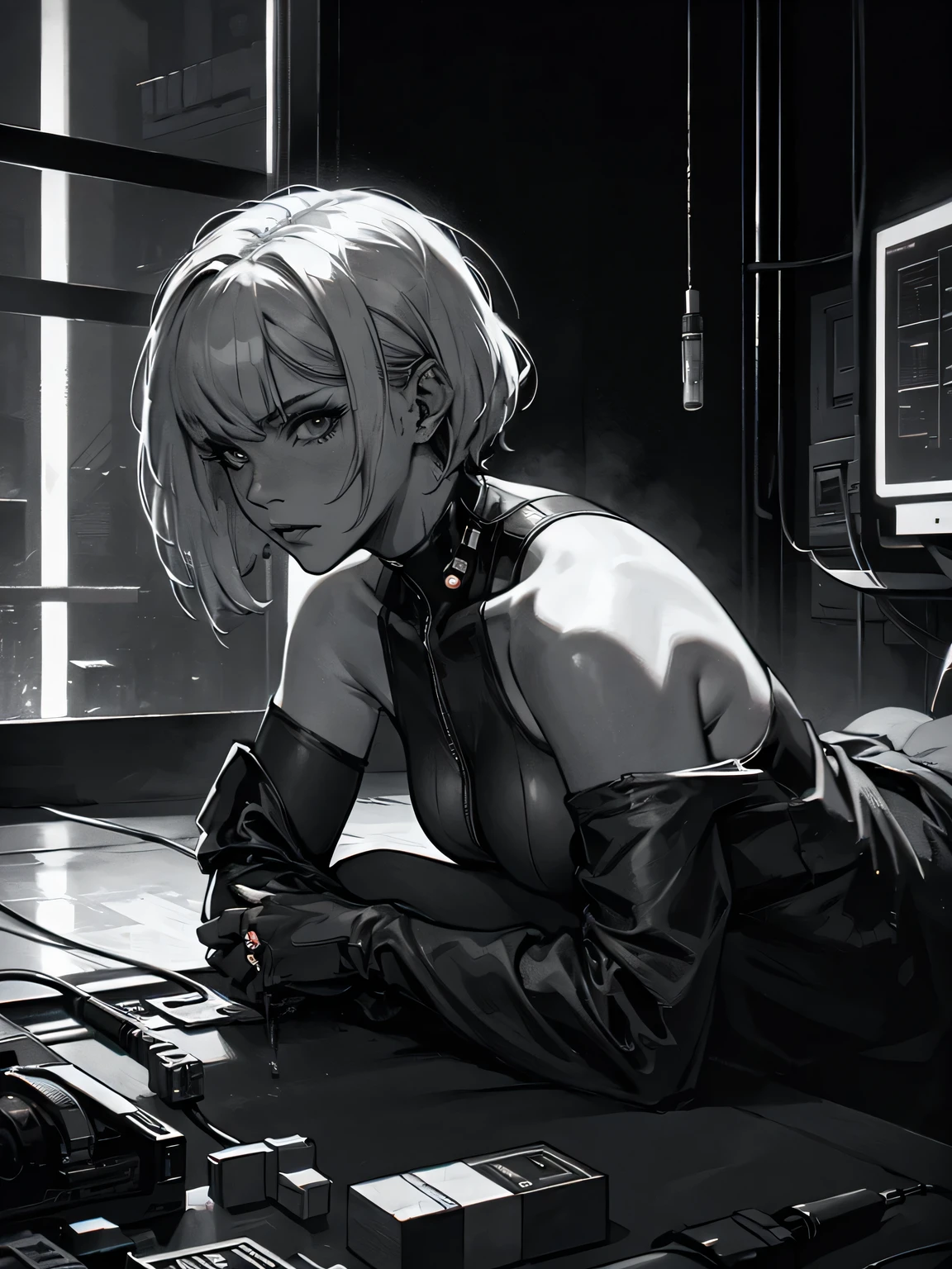 monochrome, greyscale, blood, cable, science fiction, cyberpunk, chromatic aberration, indoors, detailed background, night, 1girl, beautiful, solo, bare shoulders, Seductive,