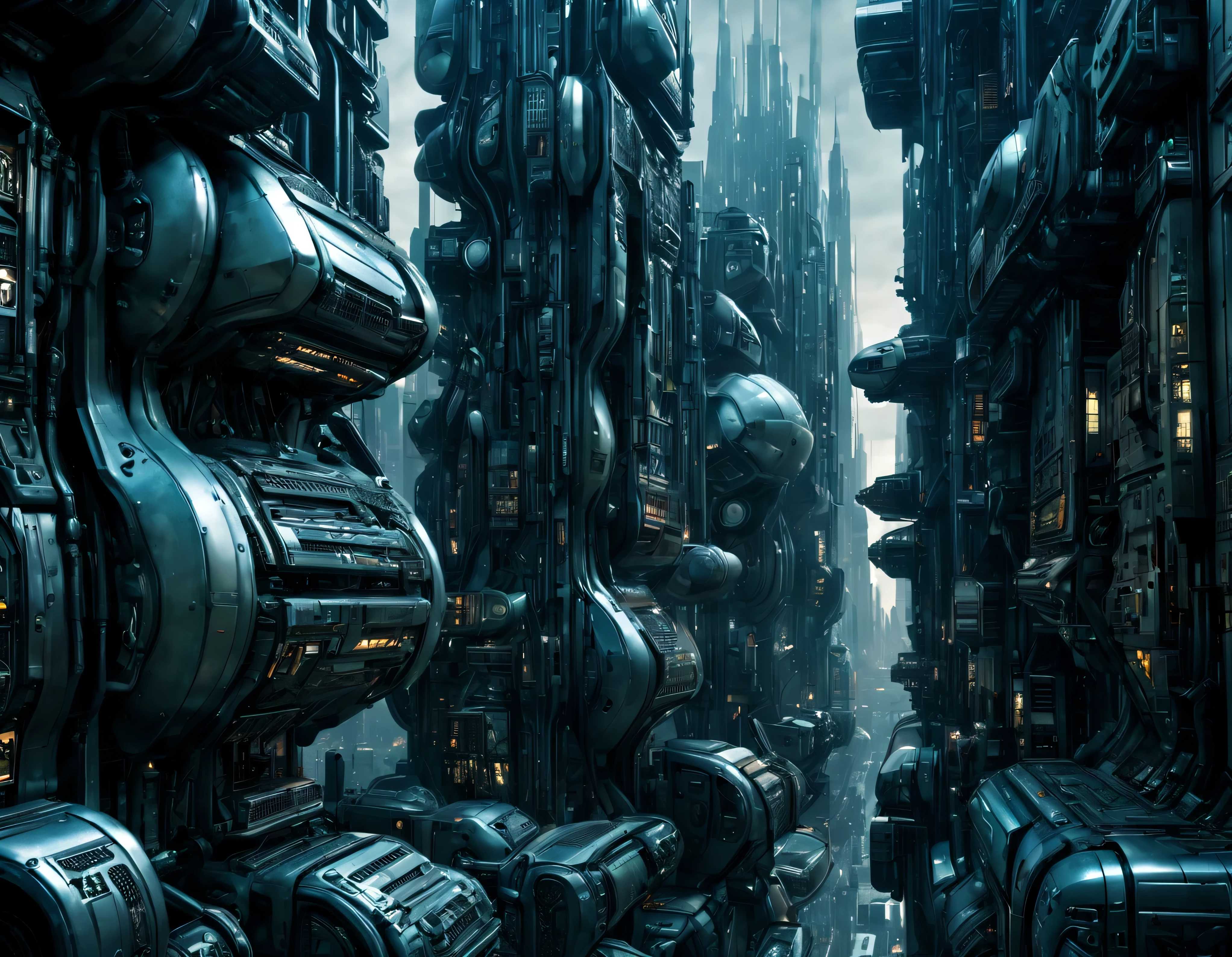 street of an extraterrestrial alien megalopolis with futuristic and technological architecture in its metal and glass conglomerado de buildings, some aliens walking around, ventanas iluminadas, all full of imagination, science fiction and (intrincados detalles de la maquina).imagen fotorrealista, Maximum sharpness, calidad 8k.(obra maestra de calidad superior). 3D. cyberpunk, century XXV technolo