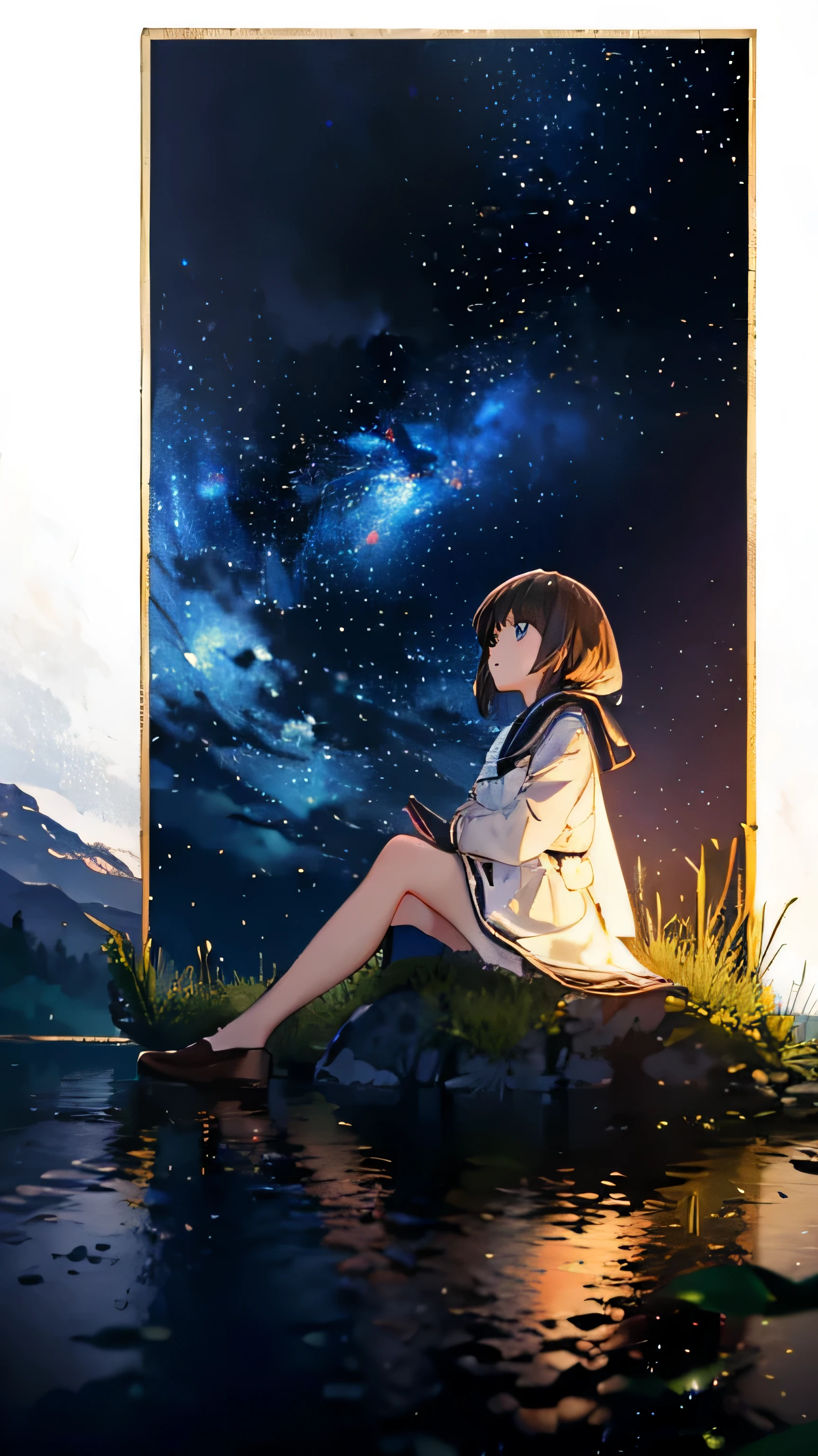 {Masterpiece}, {Top quality}, 1girl, sit, night, moon, lake, stars, movie light