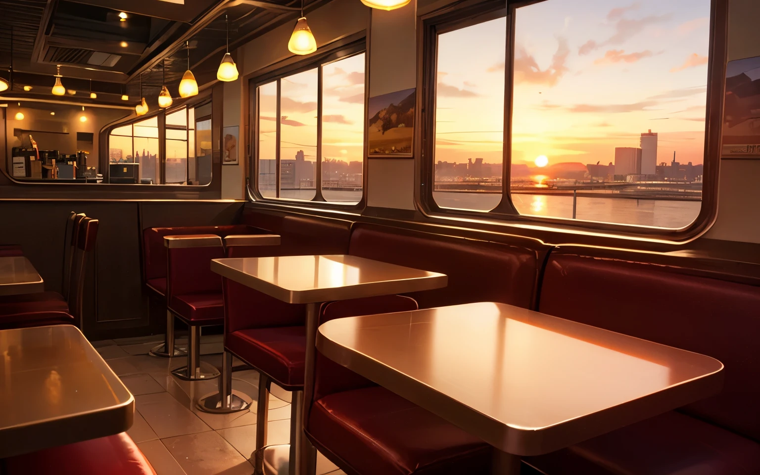 High quality、８ｋ、cool atmosphere、American diner interior、sunset、Warm atmosphere、