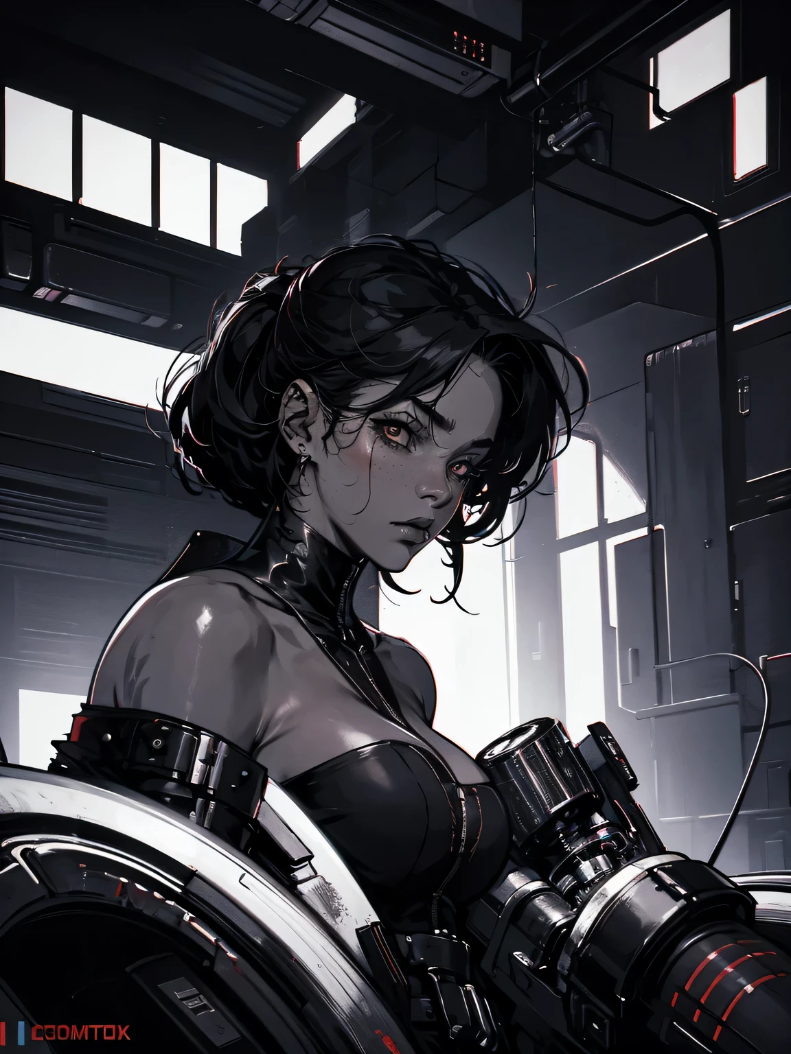 monochrome, blood, cable, science fiction, cyberpunk, chromatic aberration, indoors, detailed background, night, 1girl, beautiful, solo, bare shoulders, Seductive,