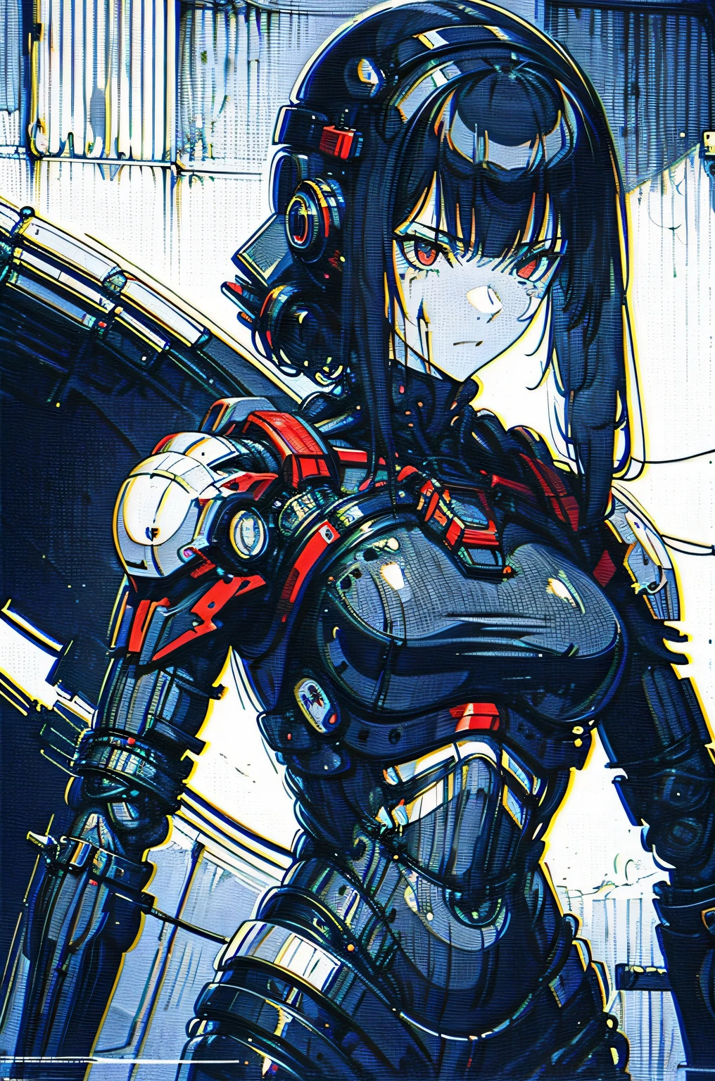 monochrome, greyscale, blood, cable, science fiction, cyberpunk, chromatic aberration, outdoors, detailed background, night, 1girl, beautiful, solo, bare shoulders, Seductive,