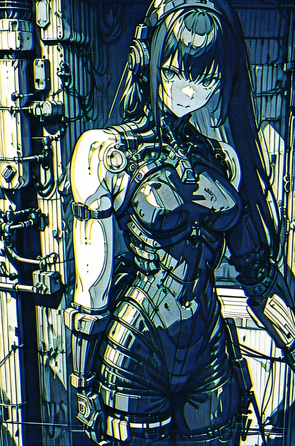 monochrome, greyscale, blood, cable, science fiction, cyberpunk, chromatic aberration, outdoors, detailed background, night, 1girl, beautiful, solo, bare shoulders, Seductive,