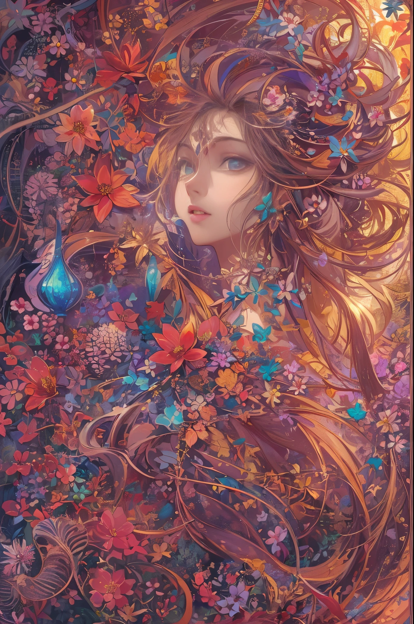 (masterpiece,Beautiful and beautiful:1.2), (1 girl:1.3), Very detailed,(Fractal art:1.1),(rich and colorful:1.1)(flowers:1.3),most detailed,(tangled:1.2), (dynamic poses), (abstract background:1.3), (skin shiny), (Many colors:1.4),(earrings), (tail of light :1.5),Ivy frame,