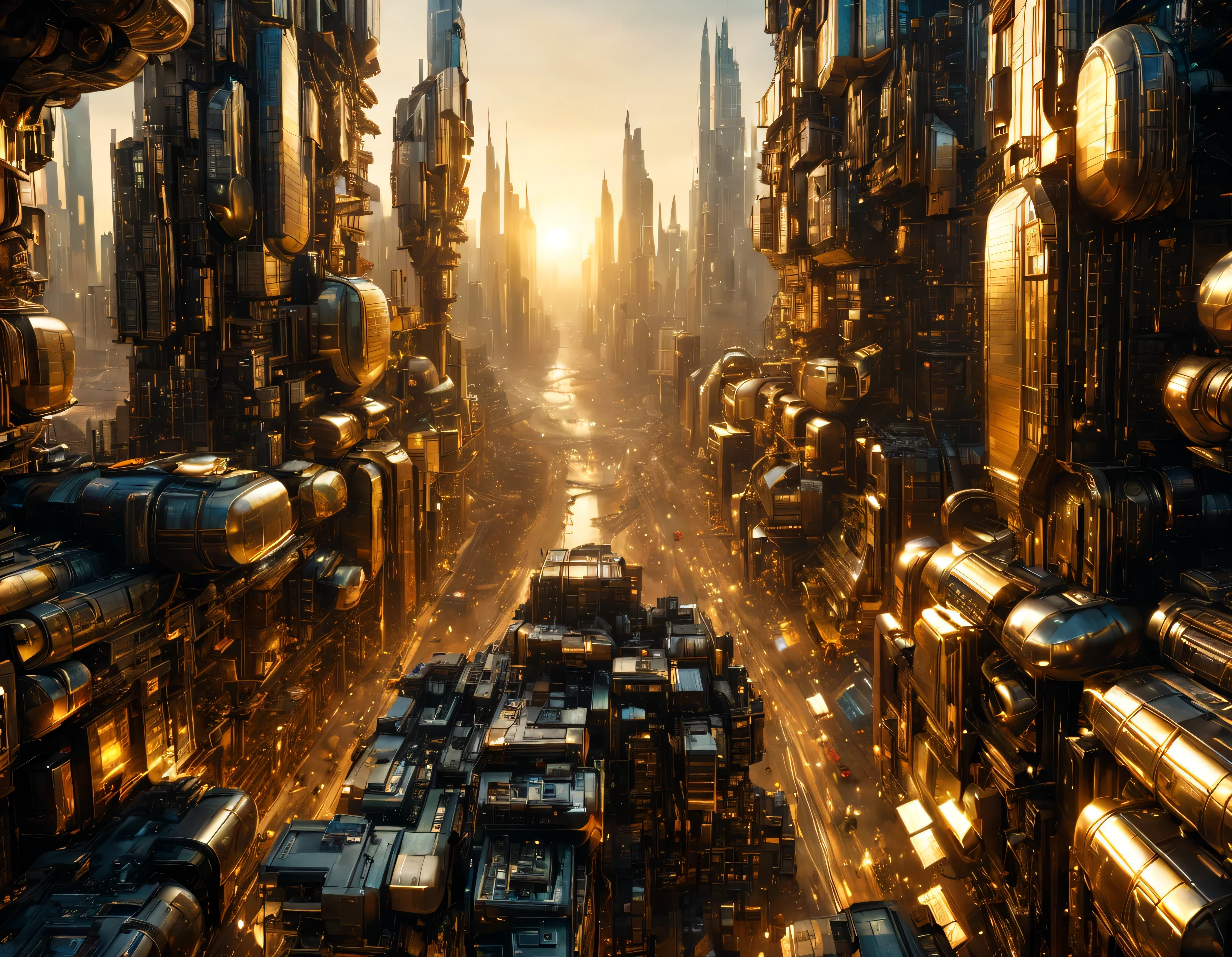(golden hour lighting), megacity, megalopolis of an imaginary world of science fiction and maximum fantasy, con inmensos edificios ovalados y dodecaedricos agrupados de metal y cristal donde predomina el oro. imagen bien definida 8k, (intrincados detalles de la maquina), con muchos edificios juntos.(obra maestra de superior calidad).(imagen fotorrealista), nitidez absoluta hasta el fondo.