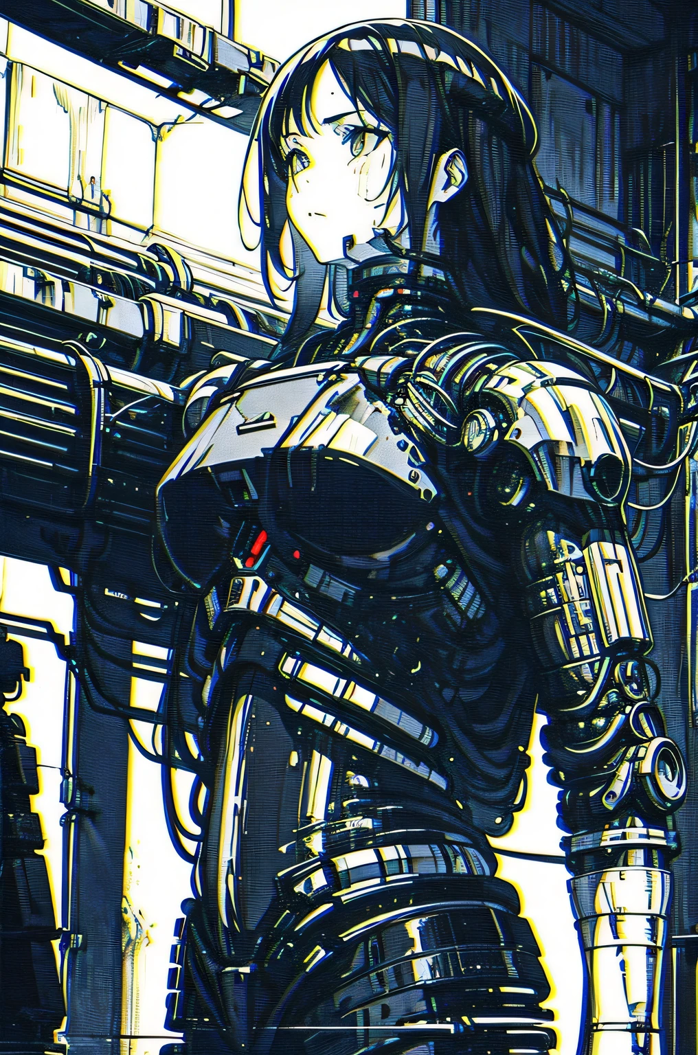 by xenotrip, monochrome, greyscale, blood, cable, science fiction, cyberpunk, chromatic aberration, indoors, detailed background,