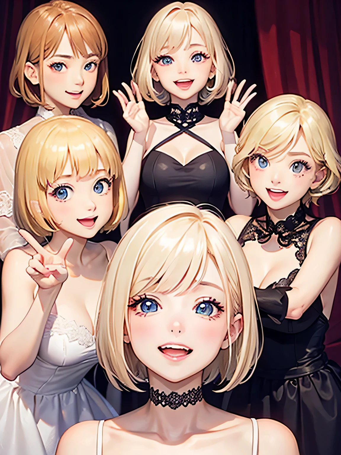 close up of face、smile、blonde、short hair、girl１、stretch both hands forward、Open your mouth and laugh out loud、prom dress