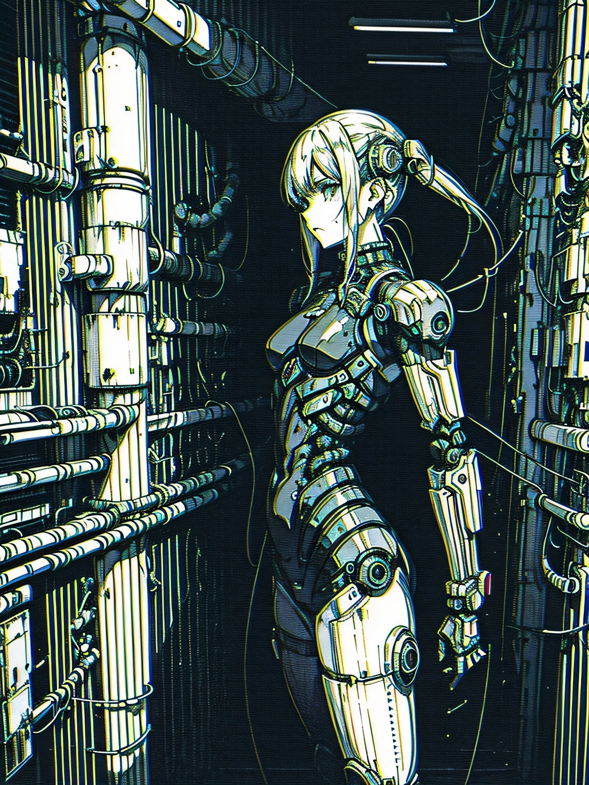 by xenotrip, monochrome, greyscale, blood, cable, science fiction, cyberpunk, chromatic aberration, indoors, detailed background, robot