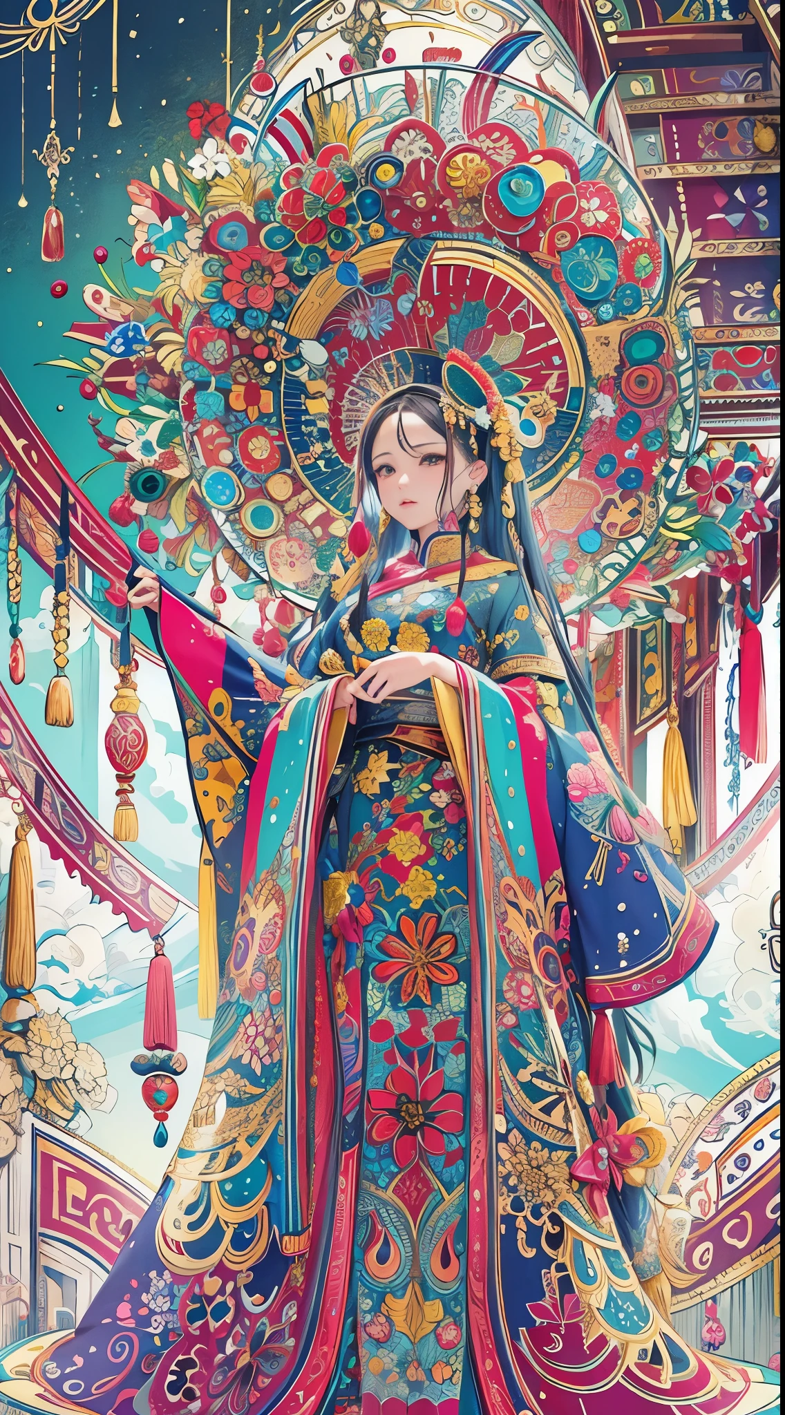 (Masterpiece、top quality、top quality、official art、Exquisite and beautiful:1.2)、(1 girl in:1.3)、Very detailed、(Fractal art:1.2)、Colorful、most detailed、(dynamic pause) 、(abstract background:1.5)、(Traditional clothing:1.2)、(shiny skin)、(Many colors:1.4)、upper part of body