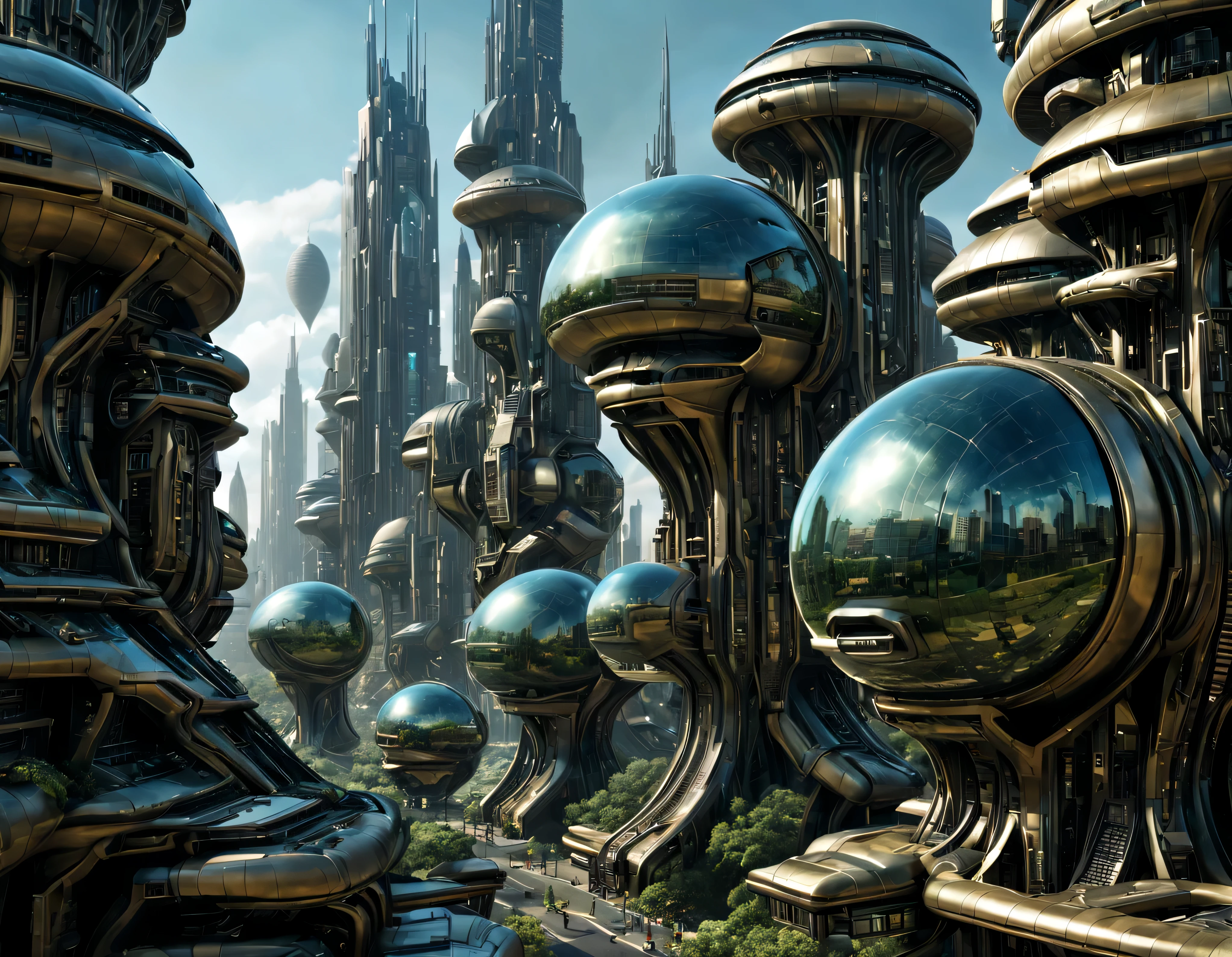 street of an extraterrestrial alien city with futuristic and technological architecture in its metal and glass conglomerado de buildings, donde predomina el oro, la plata y el bronce, some aliens walking around, ventanas iluminadas, all full of imagination, science fiction and (intrincados detalles de la maquina).imagen fotorrealista, Maximum sharpness, calidad 8k.(obra maestra de calidad superior). 3D.
