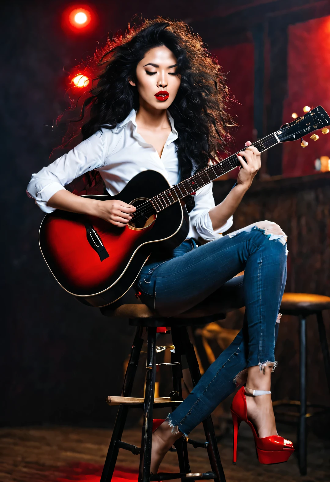 A beautiful Asian girl plays the guitar crazily,Messy extra long black curly hair,beautiful red lips,Premium white shirt,skinny jeans,beautiful red high heels,sit on a high stool,fender guitar,dynamic action,(There is a stick of incense between the strings:0.65),Background night bar