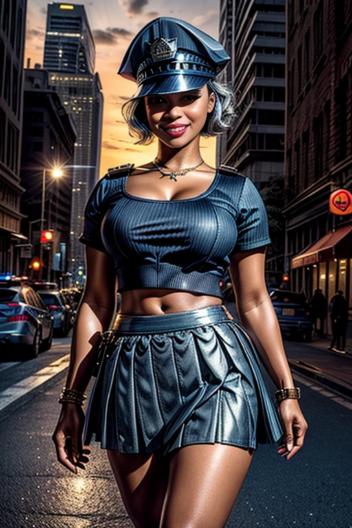 Photo Quality, (Best Picture Quality:1.6), HDR,Realistic,Dense,High Resolution,night scene, 1Woman,fully clothed, Wearing headset, Ebony Skin,Smiling,Solo,Thick Lips,Pink Lipstick,Long Eyelashes,Pink Eyeshadow,Golden Ratio Body,High Waist,((Long Legs:1.(2))),F-Cup Bust,Slim waist,wide hips,big ass,(narrow face),jewelry,miscellaneous,((police uniform,police cap,short blue skirt:1.3)),silver hair,curly hair,short hair, Standing on street, moonlight, dynamic pose, ((full body shot:1.1))