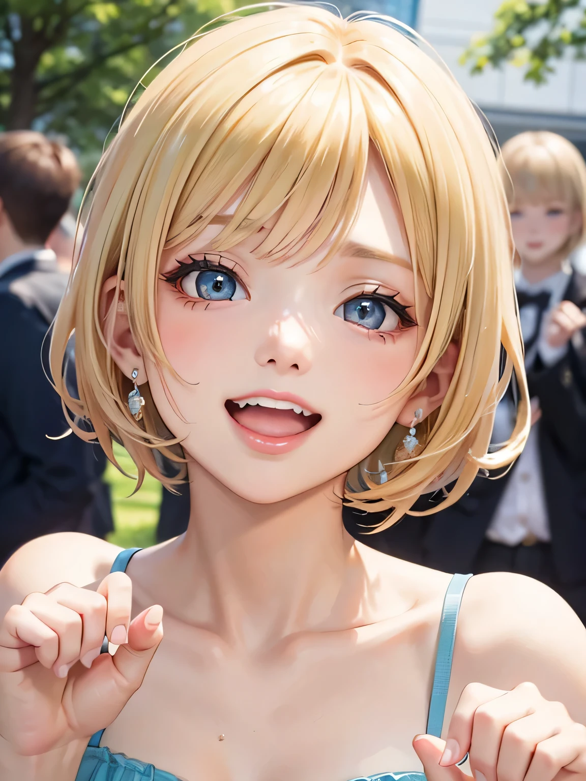 close up of face、blonde、short hair、girl１、stretch both hands forward、Open your mouth and laugh out loud、prom dress