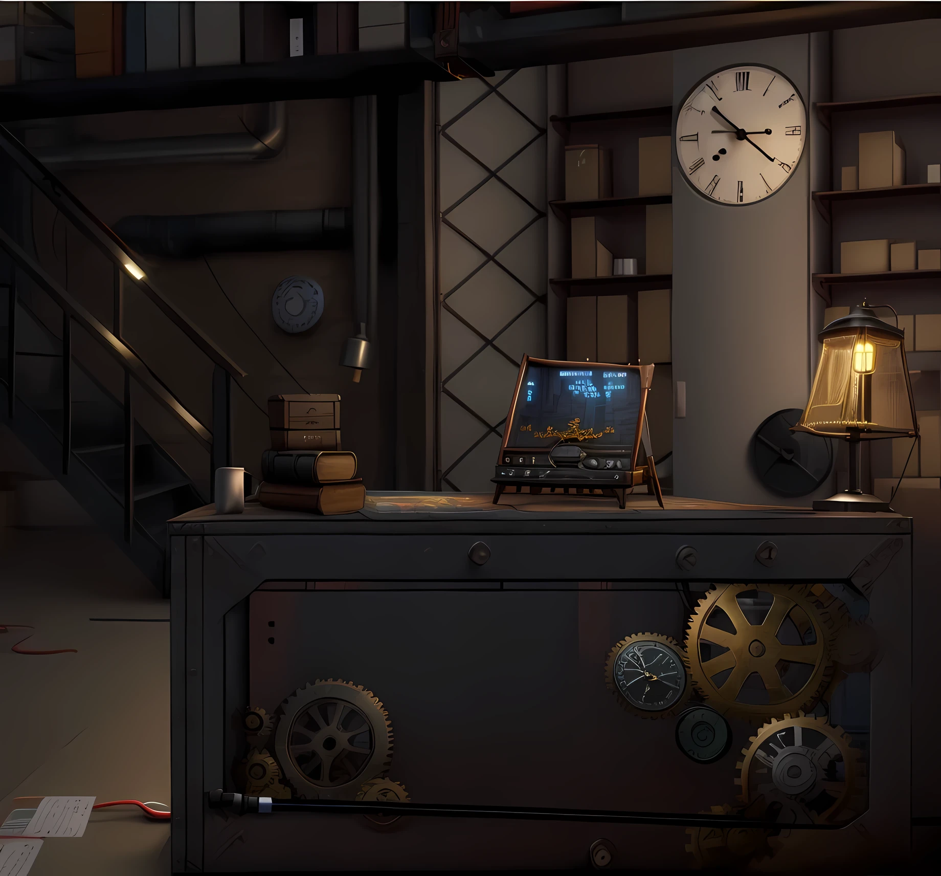 ((gear decorative table)), calendar, lamp, A wall clock, Cabinet with many boxes, point-and-click adventure game, Factory settings, interior decoration art, background art作品, Random background scenes, In the steampunk lab, background art, mysterious laboratory, Steampunk shop, dieselpunk setting, cyberpunk basement,((masterpiece), high resolution, (high quality), (Very detailed), CG, Unite, 8k,
